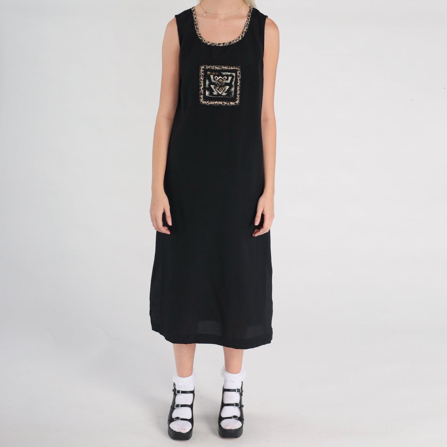 Y2K Black Frog Print Sleeveless Shift Dress Side Slit Medium 8