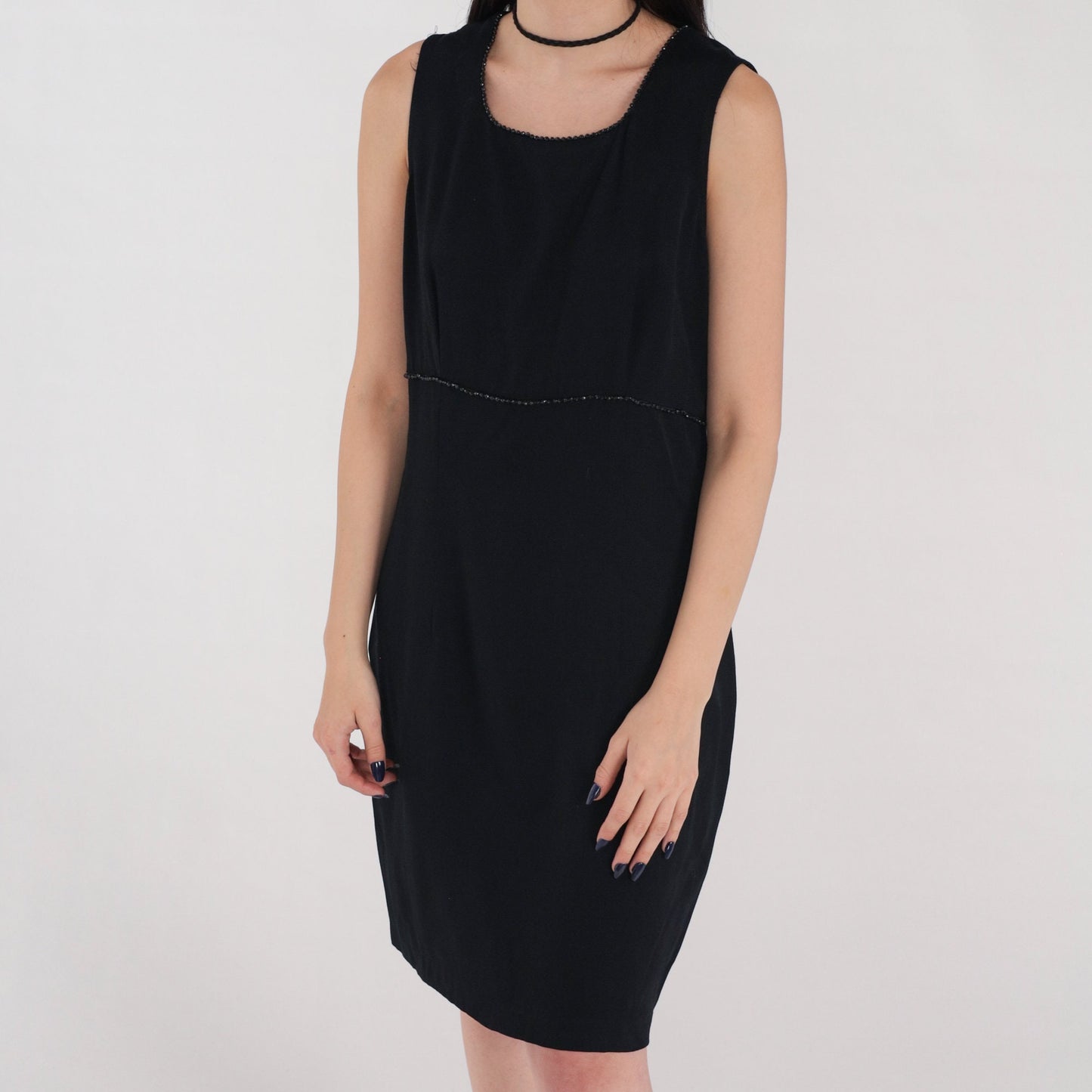 90s Black Mini Dress Beaded Sheath Sleeveless Rear Zip Medium 10