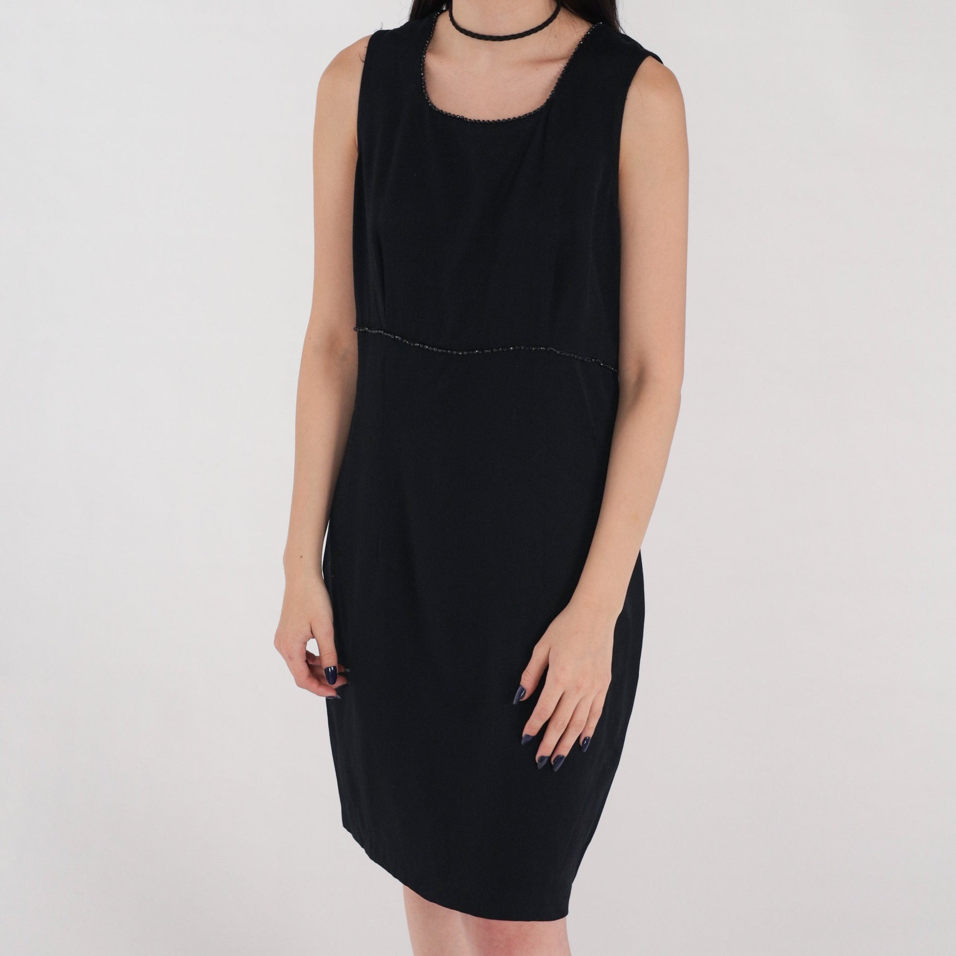 90s Black Mini Dress Beaded Sheath Sleeveless Rear Zip Medium 10