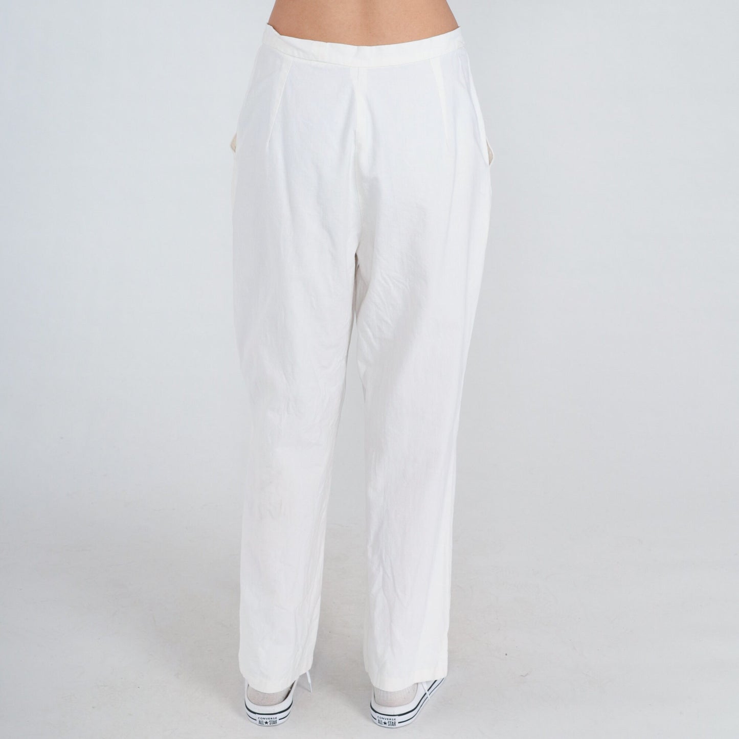 80s White Linen Straight Leg Trousers High Waist Vintage Medium M