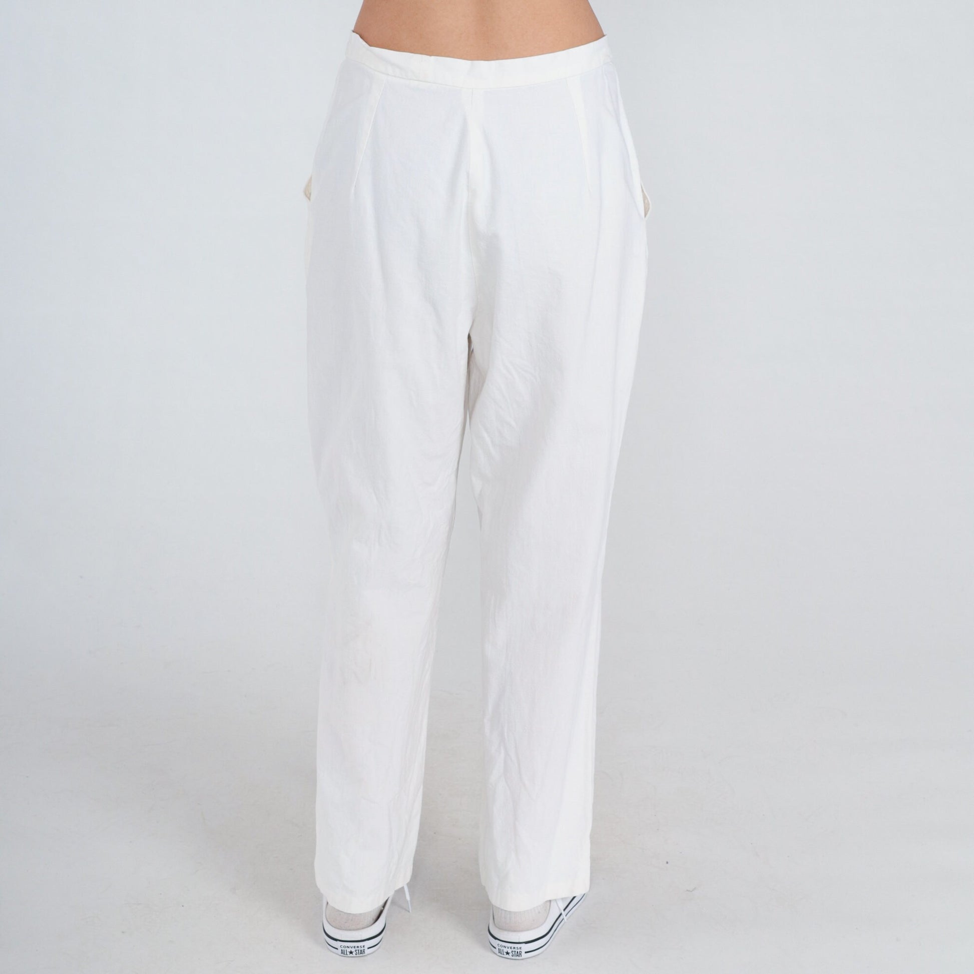 80s White Linen Straight Leg Trousers High Waist Vintage Medium M