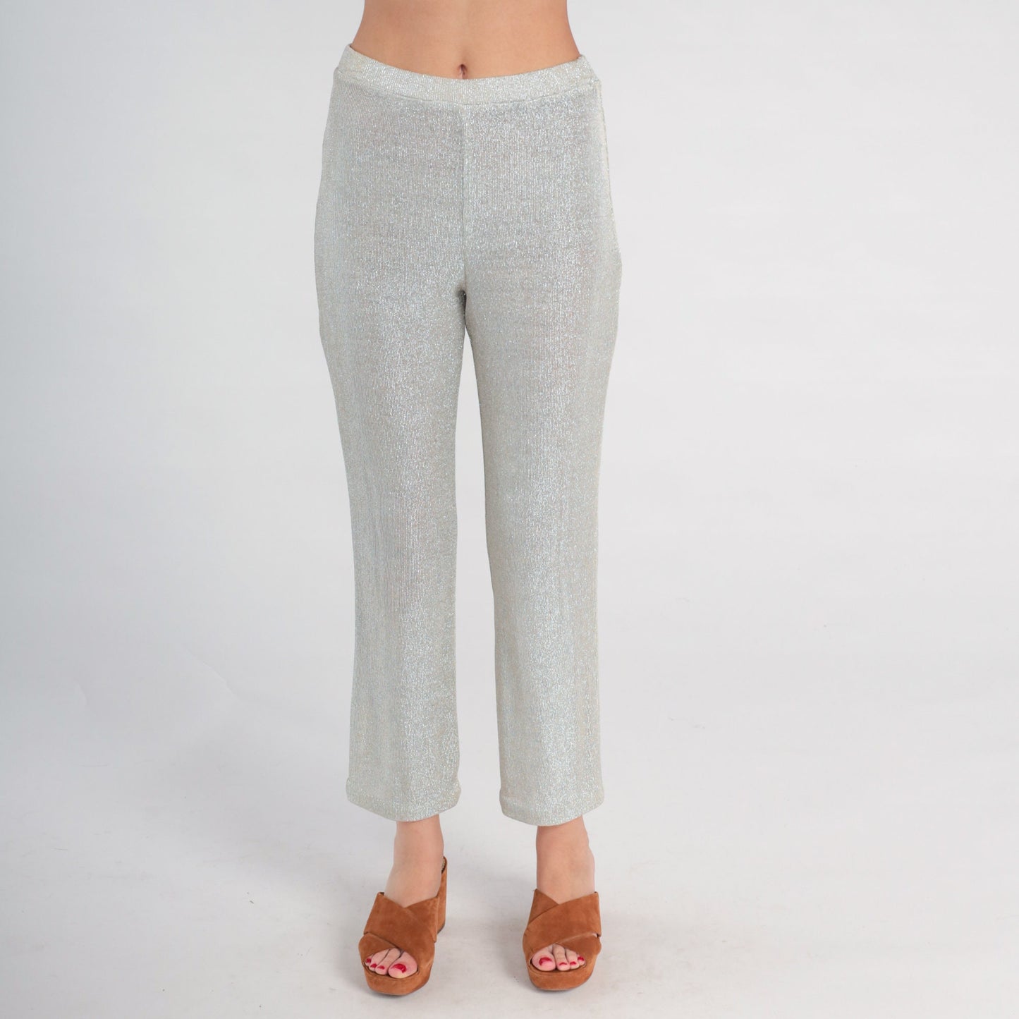 90s Metallic Silver Lurex Skinny Pants High Waist Elastic Medium