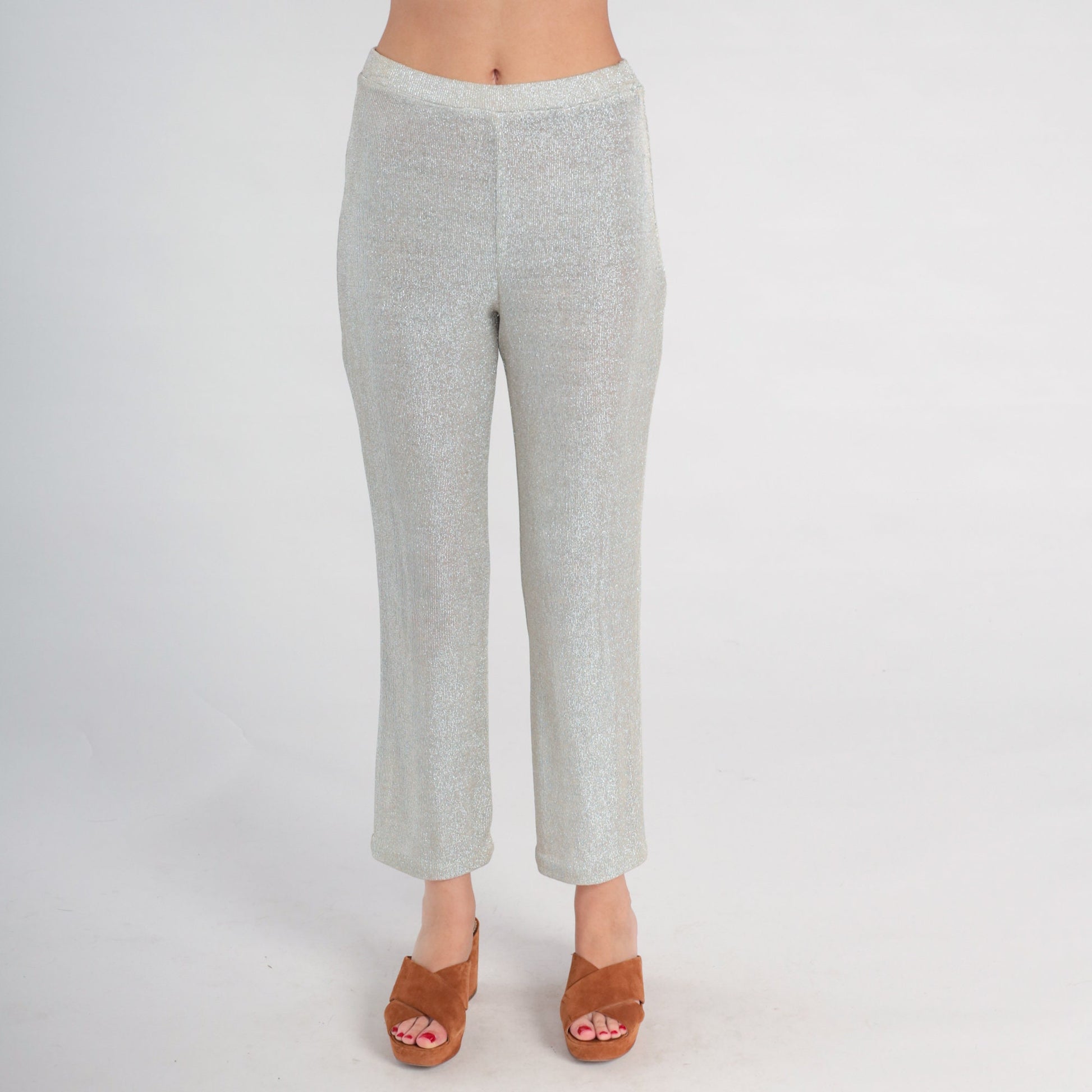 90s Metallic Silver Lurex Skinny Pants High Waist Elastic Medium