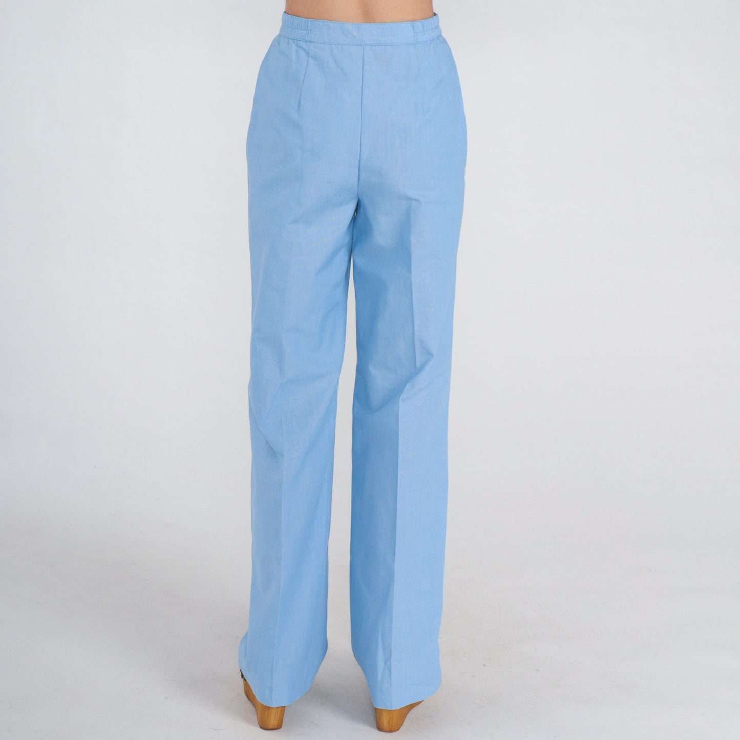 70s Blue High-Waisted Straight Leg Trousers Pleated Crease Small