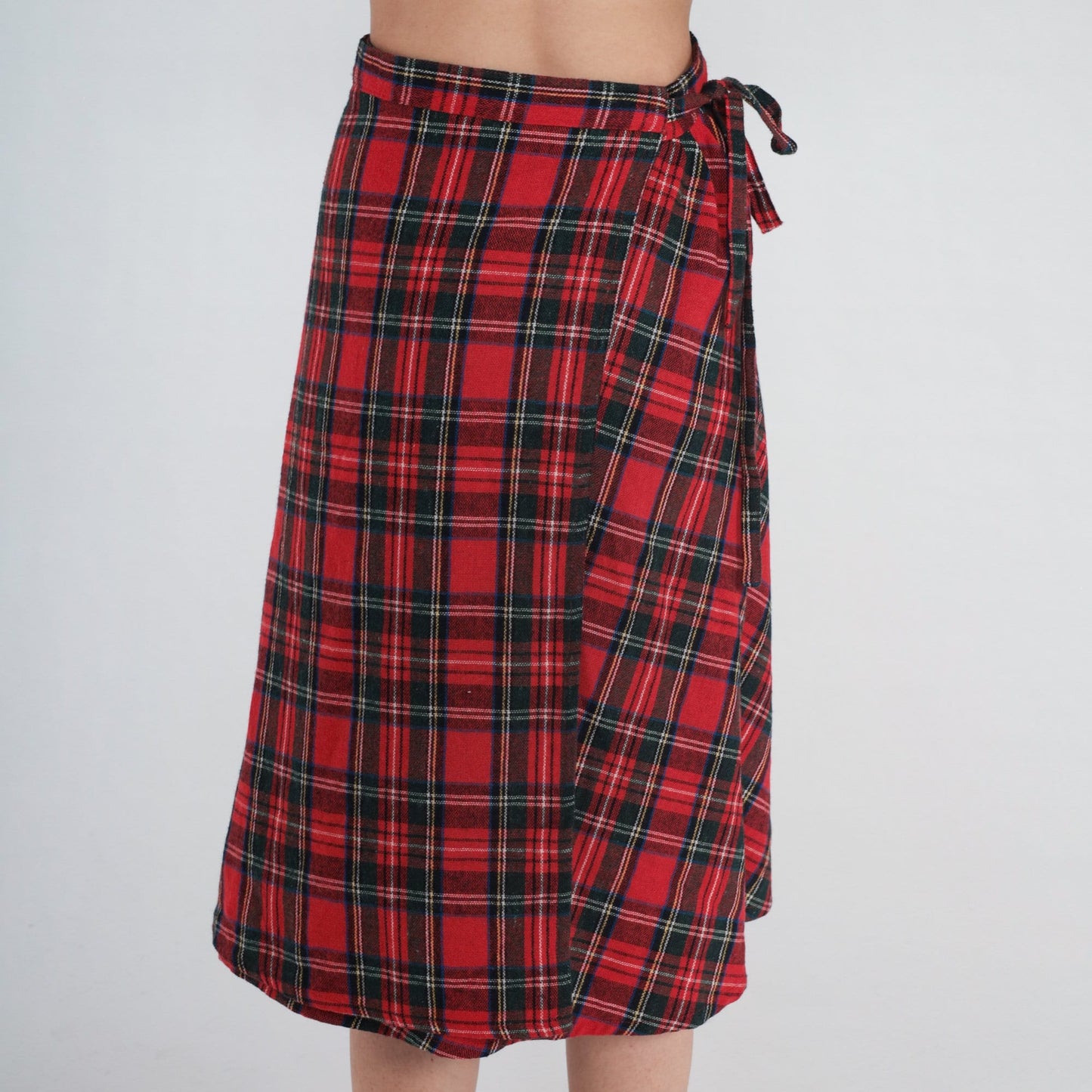 80s Red Plaid Wool Blend Midi Wrap Skirt High Waist Small Medium