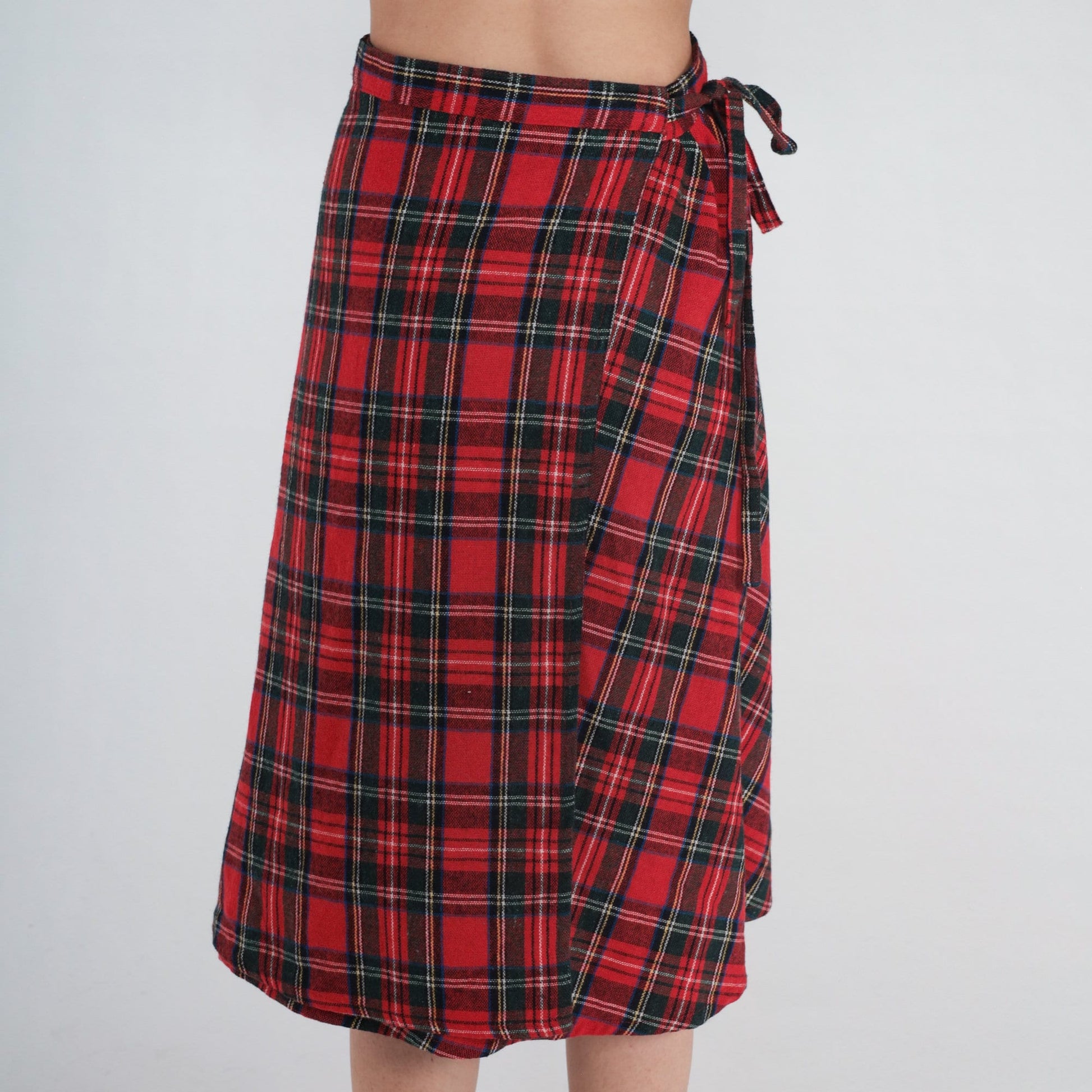 80s Red Plaid Wool Blend Midi Wrap Skirt High Waist Small Medium