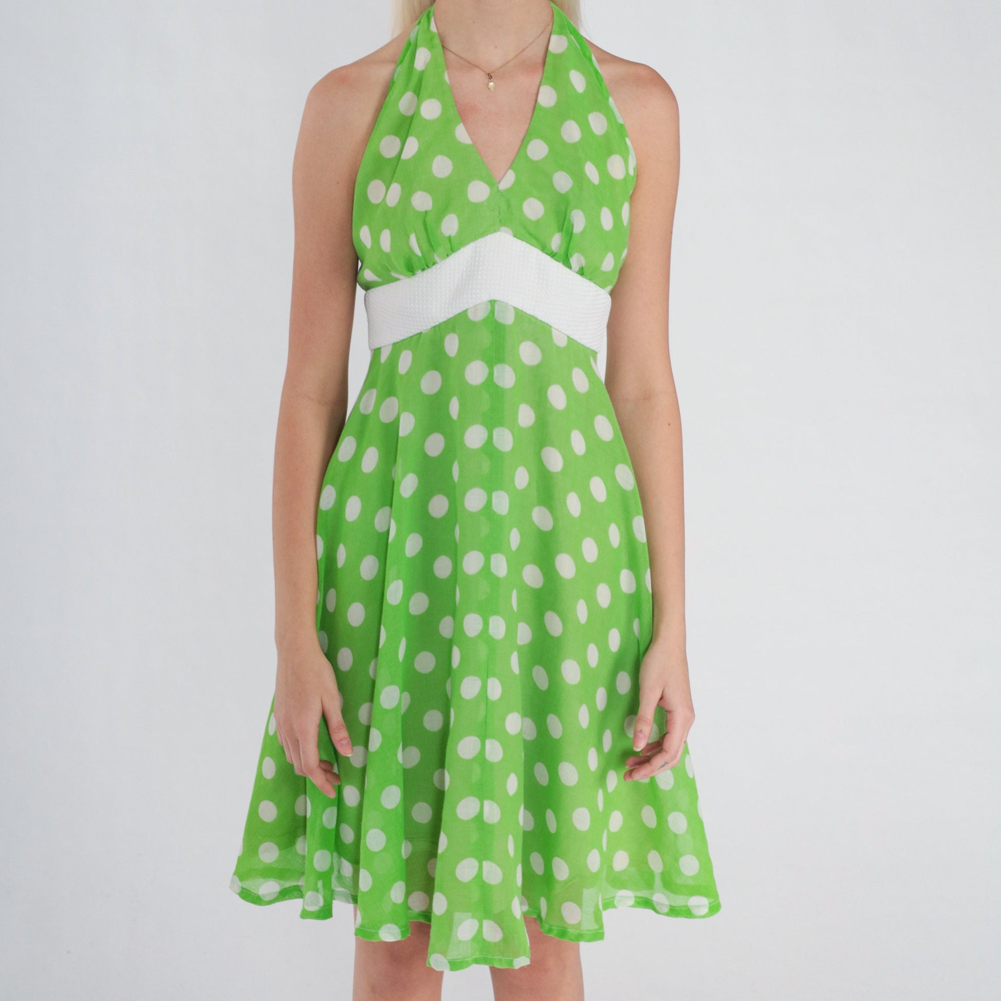 70s Green Polka Dot Halter Mini Dress Empire Waist Low Back Small