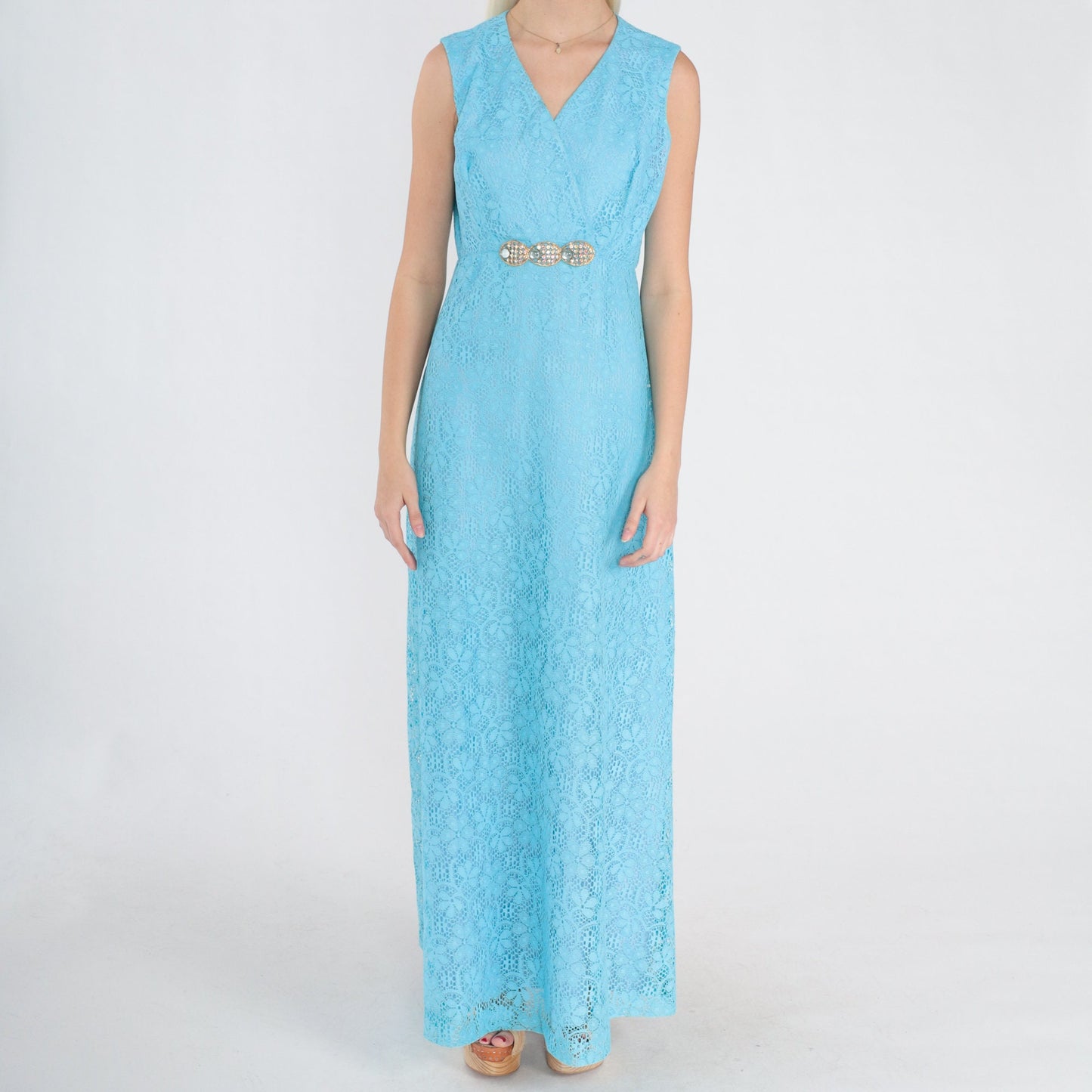 70s Blue Floral Lace Maxi Dress Rhinestone Empire Waist V Neck Small