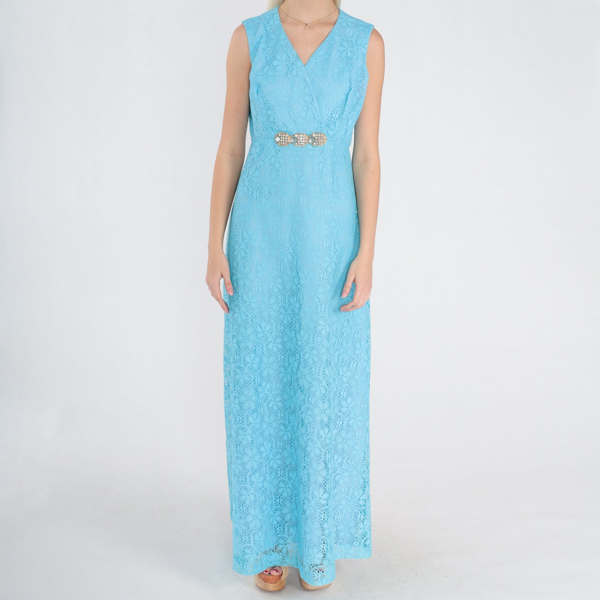 70s Blue Floral Lace Maxi Dress Rhinestone Empire Waist V Neck Small