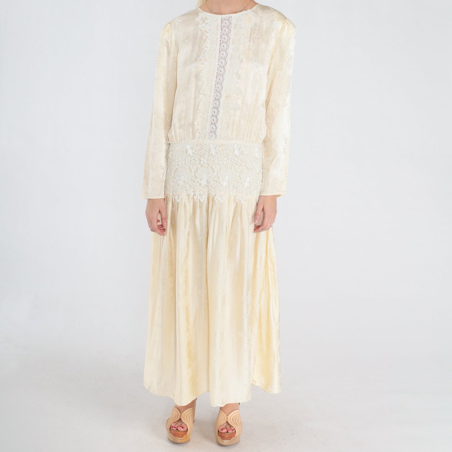 80s Jessica McClintock Cream Silk Midi Dress Embossed Floral Lace Long Sleeve Medium