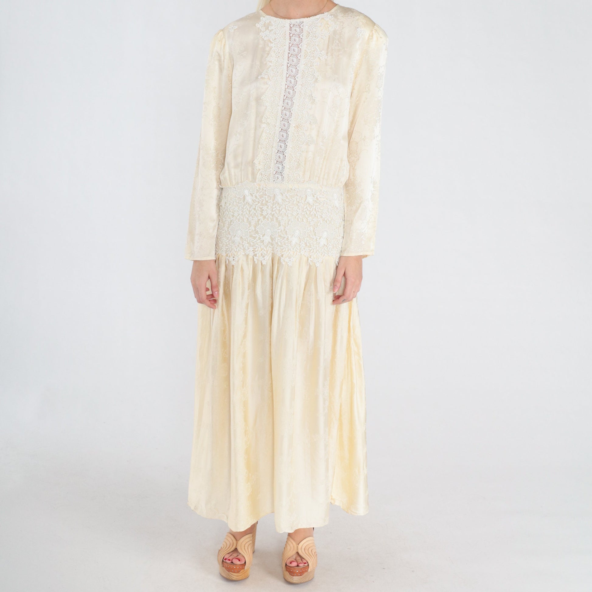 80s Jessica McClintock Cream Silk Midi Dress Embossed Floral Lace Long Sleeve Medium