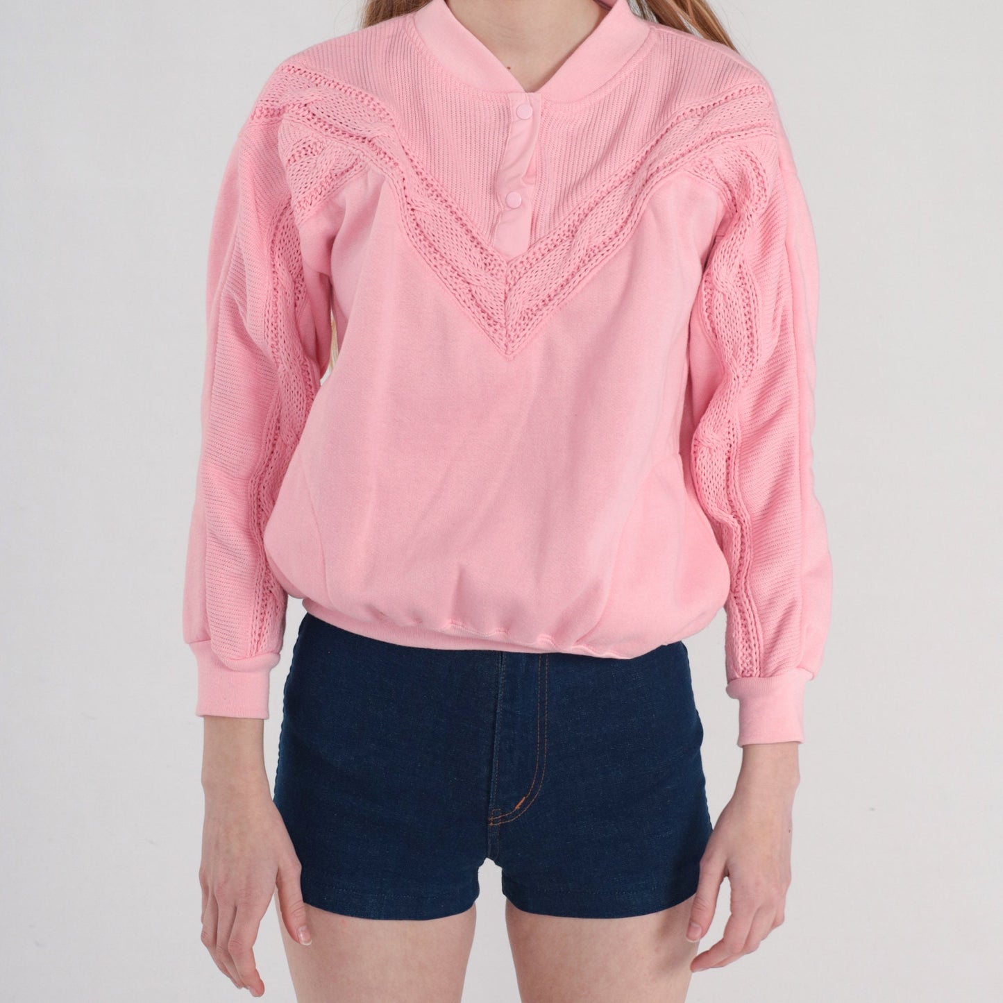80s Pink Cable Knit Henley Sweatshirt Snap Pullover Small