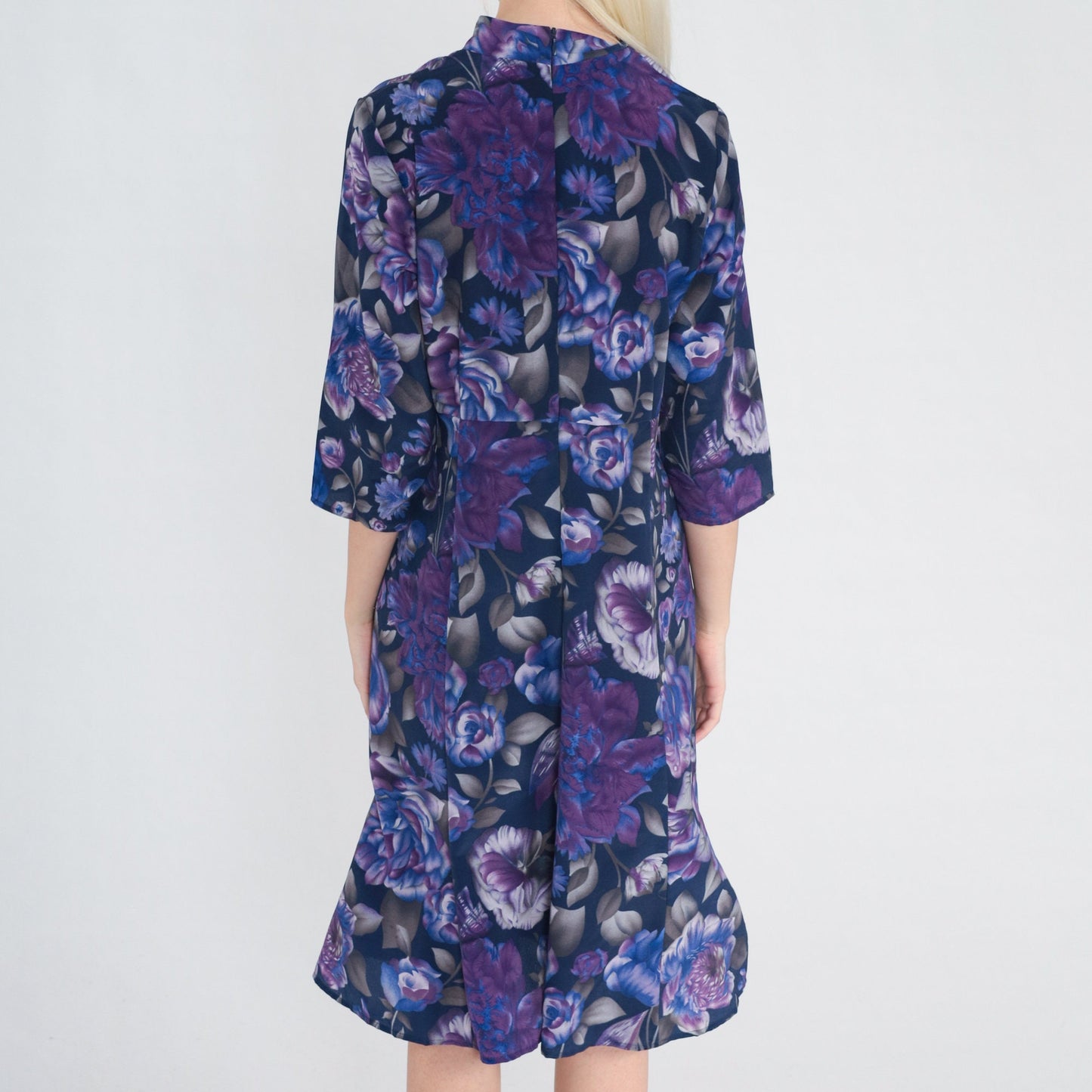 70s Purple Rose Floral Midi Dress Empire Waist V-Neck Button Front Small
