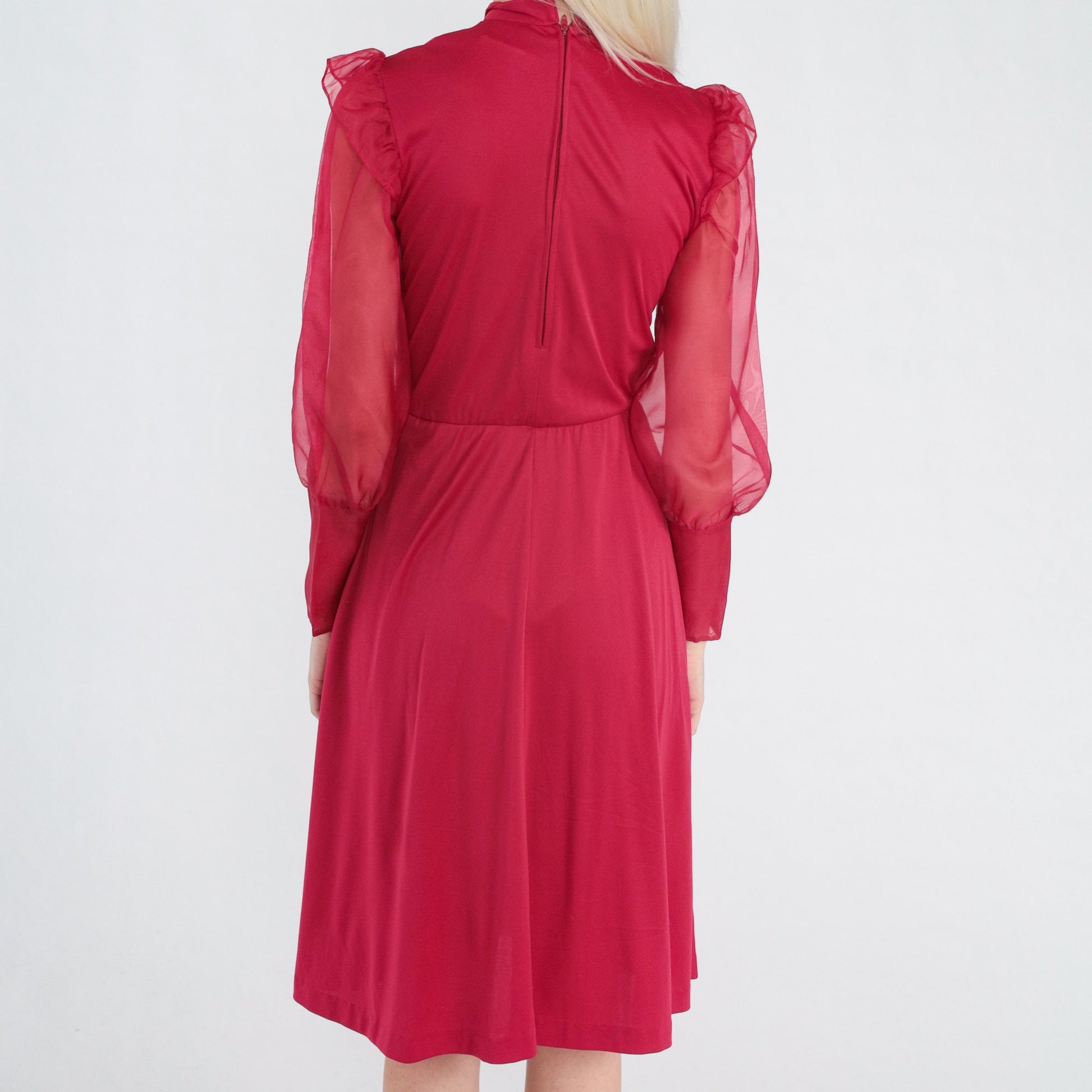 70s Raspberry Red Midi Dress Collared Bow Tie Ruffled Sheer Sleeve Extra Small