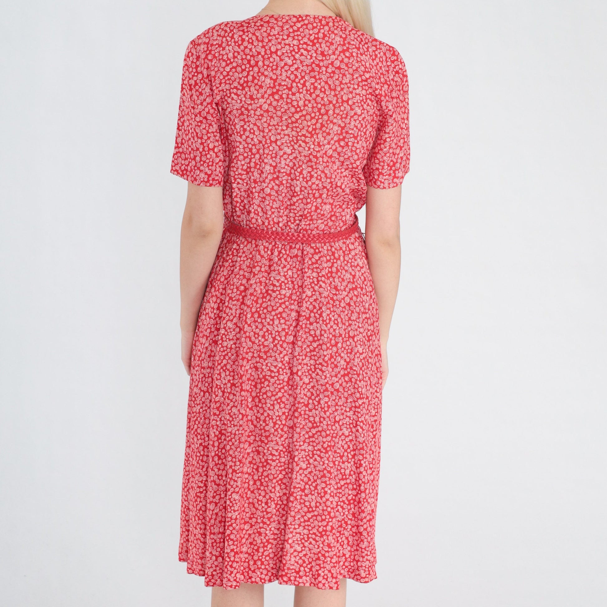 90s Talbots Red Swirl Print Midi Dress Button-Up High Waist Short Sleeve XS