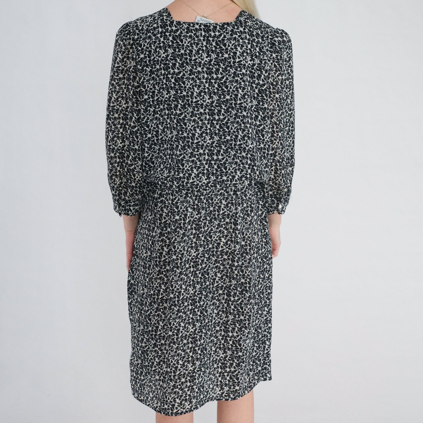 90s Black and White Floral Midi Dress Puff Sleeve Square Neckline Large