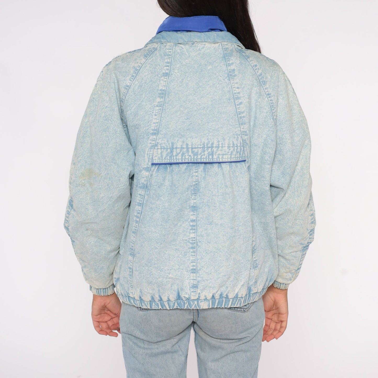 90s Acid Wash Denim Puffer Jacket Blue Funnel Neck Button Up Small S