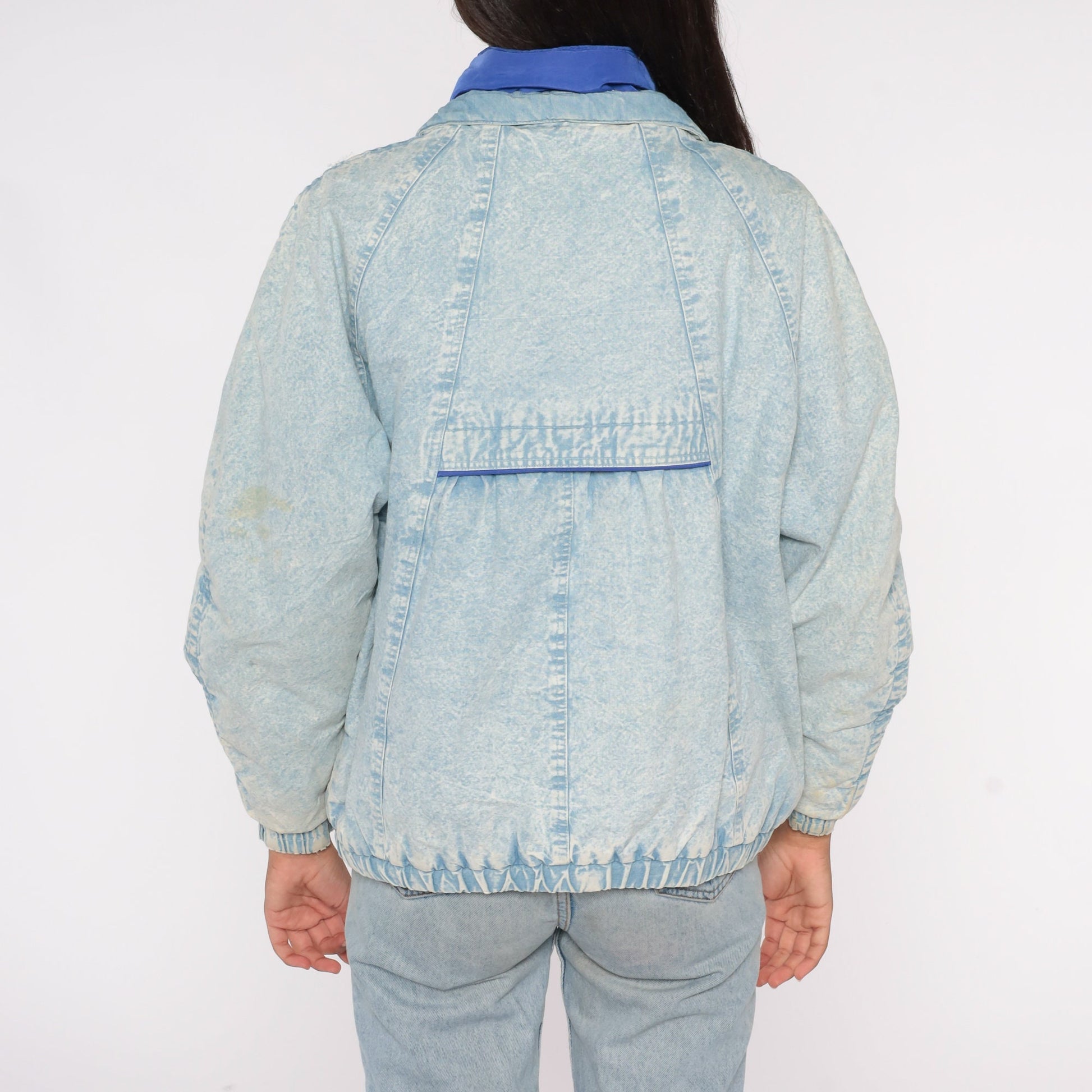 90s Acid Wash Denim Puffer Jacket Blue Funnel Neck Button Up Small S