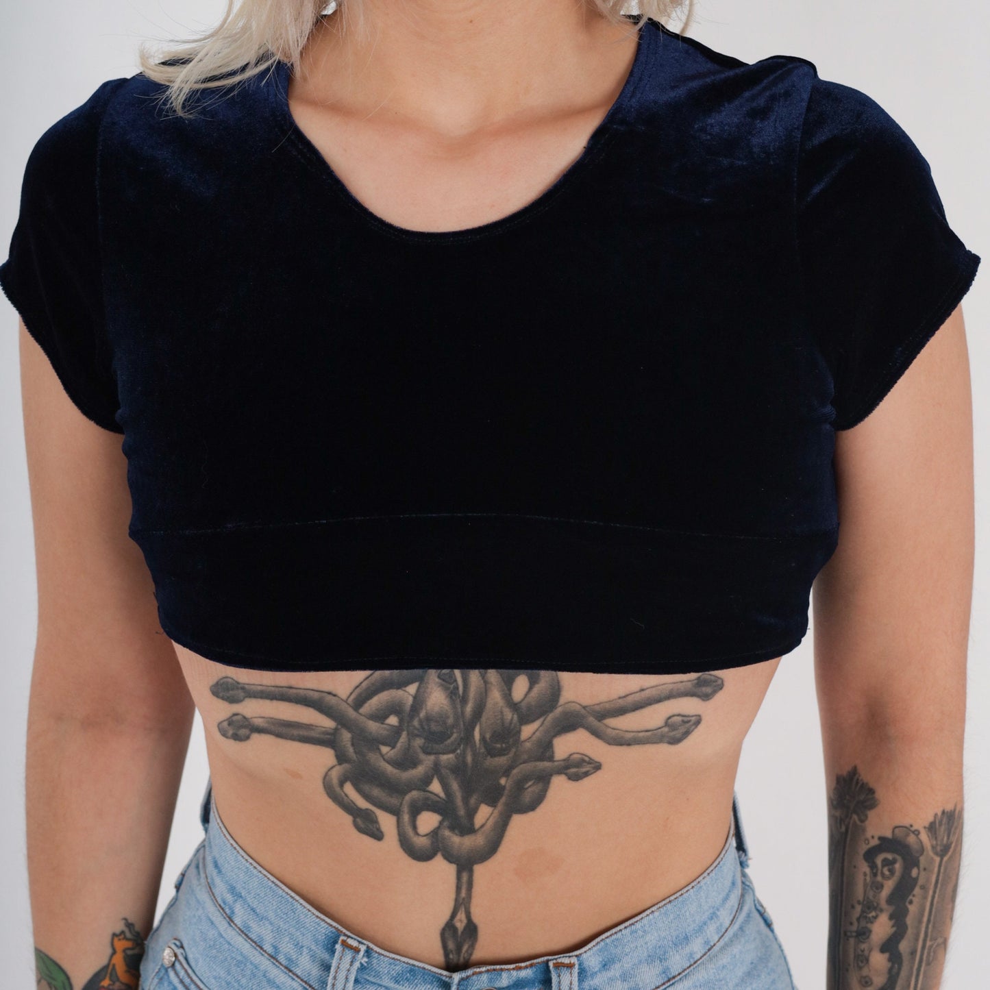 Y2K Navy Velvet Crop Top Short Sleeve Blouse Small XS
