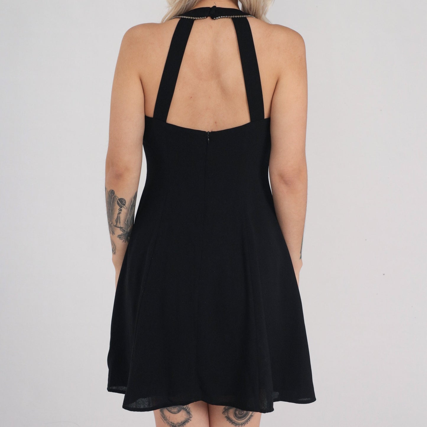 90s Black Velvet Mini Dress Rhinestone Halter Sleeveless Open Back Small