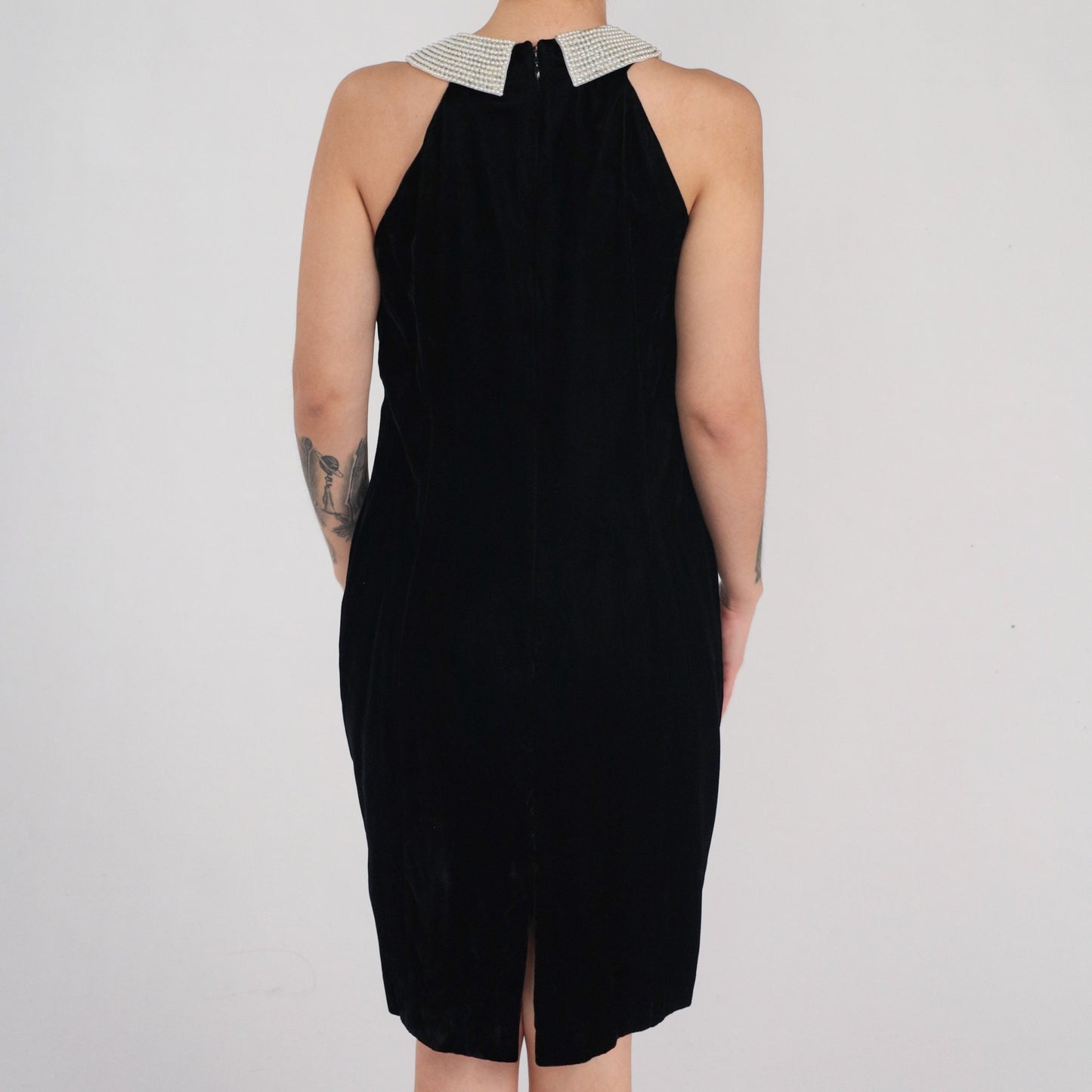 90s Black Velvet Mini Dress Pearl Beaded Sleeveless Sheath Small S