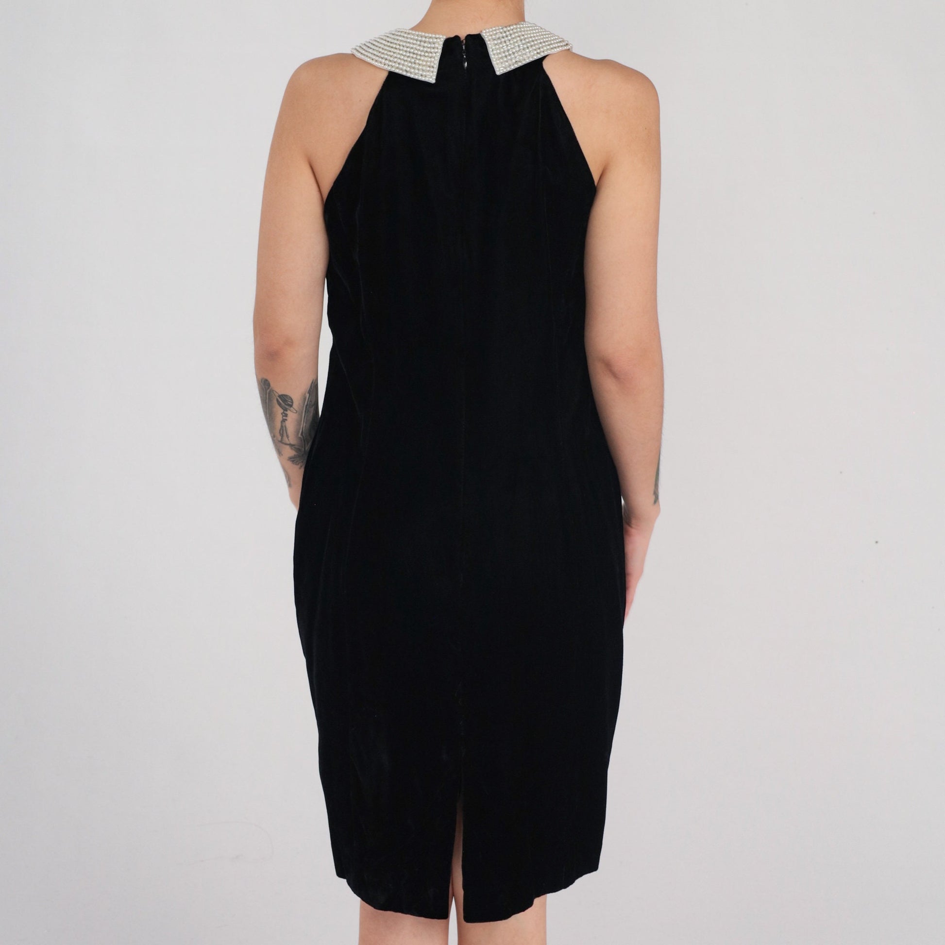 90s Black Velvet Mini Dress Pearl Beaded Sleeveless Sheath Small S