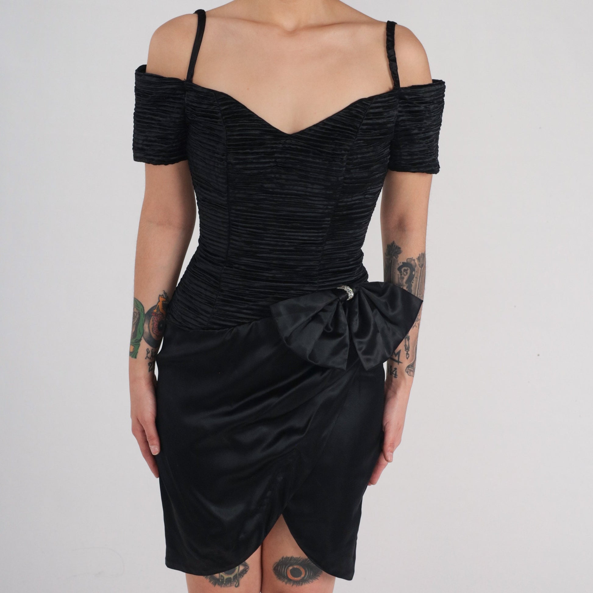 90s Zum Zum Black Velvet Mini Dress Off-Shoulder Rhinestone Bow XS