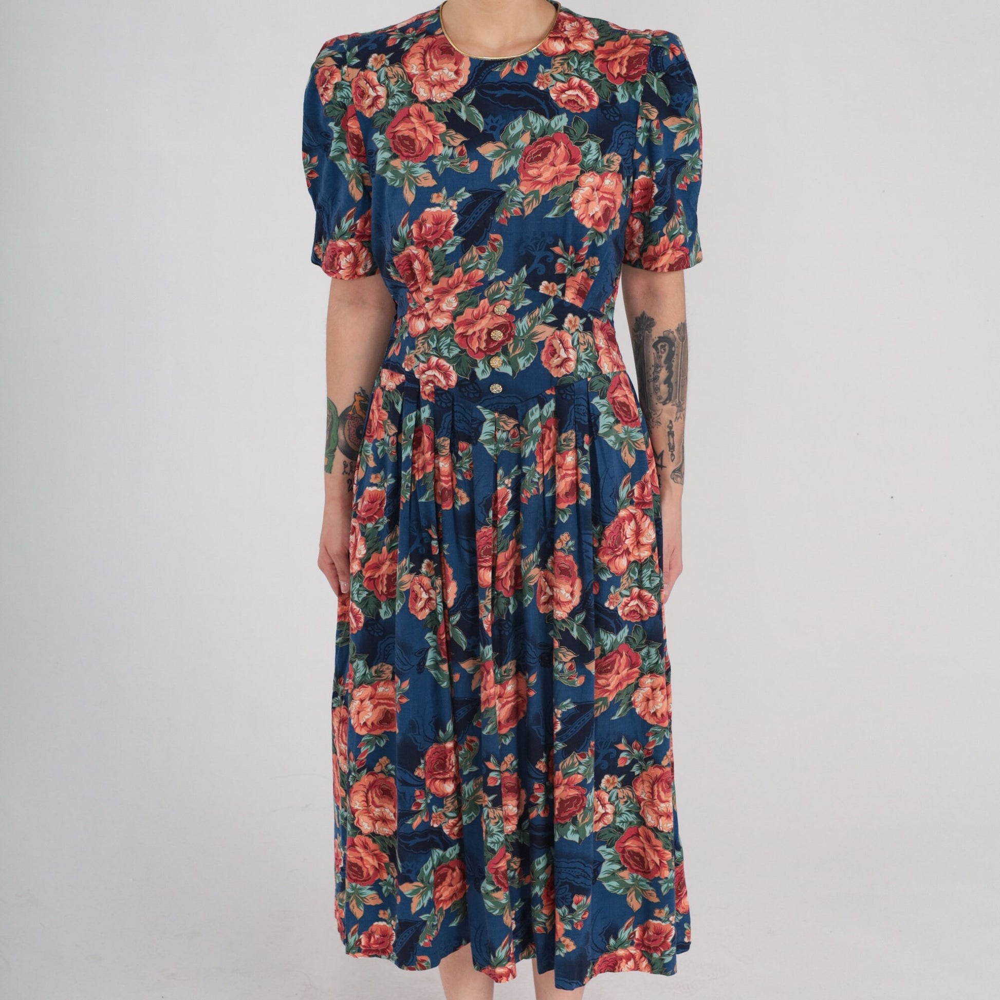 90s Navy Floral Midi Dress Puff Sleeve High Basque Waist Rose Print Medium M