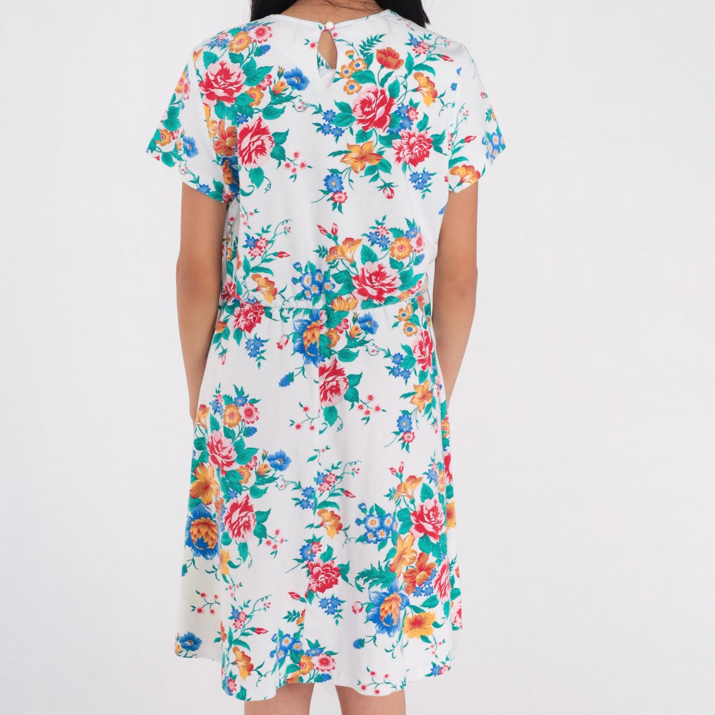 90s White Floral Rose Print Mini Dress High Waisted Short Sleeve Medium Large