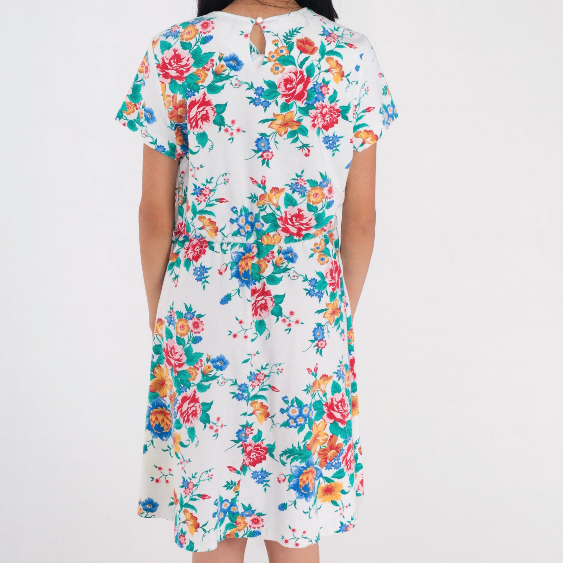 90s White Floral Rose Print Mini Dress High Waisted Short Sleeve Medium Large