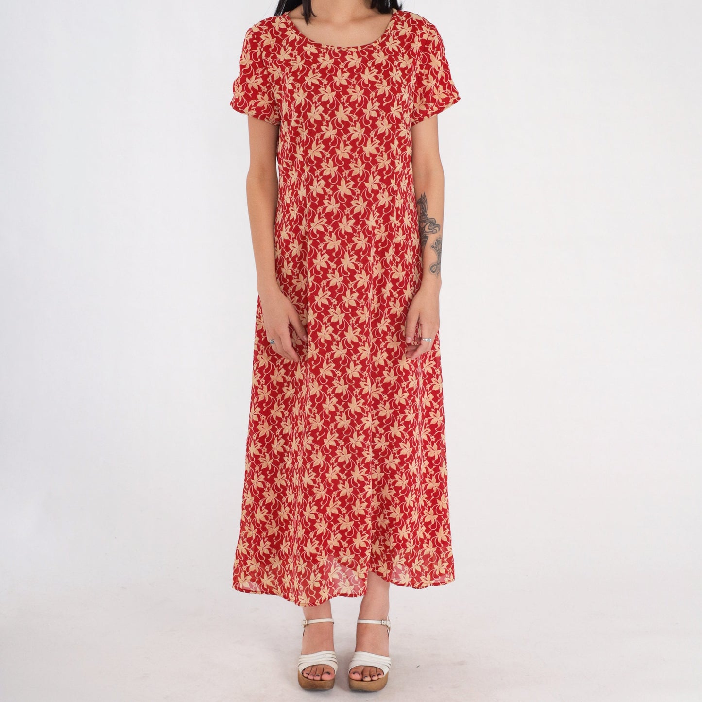 90s Red Floral Maxi Dress Short Sleeve Ankle Length Medium M