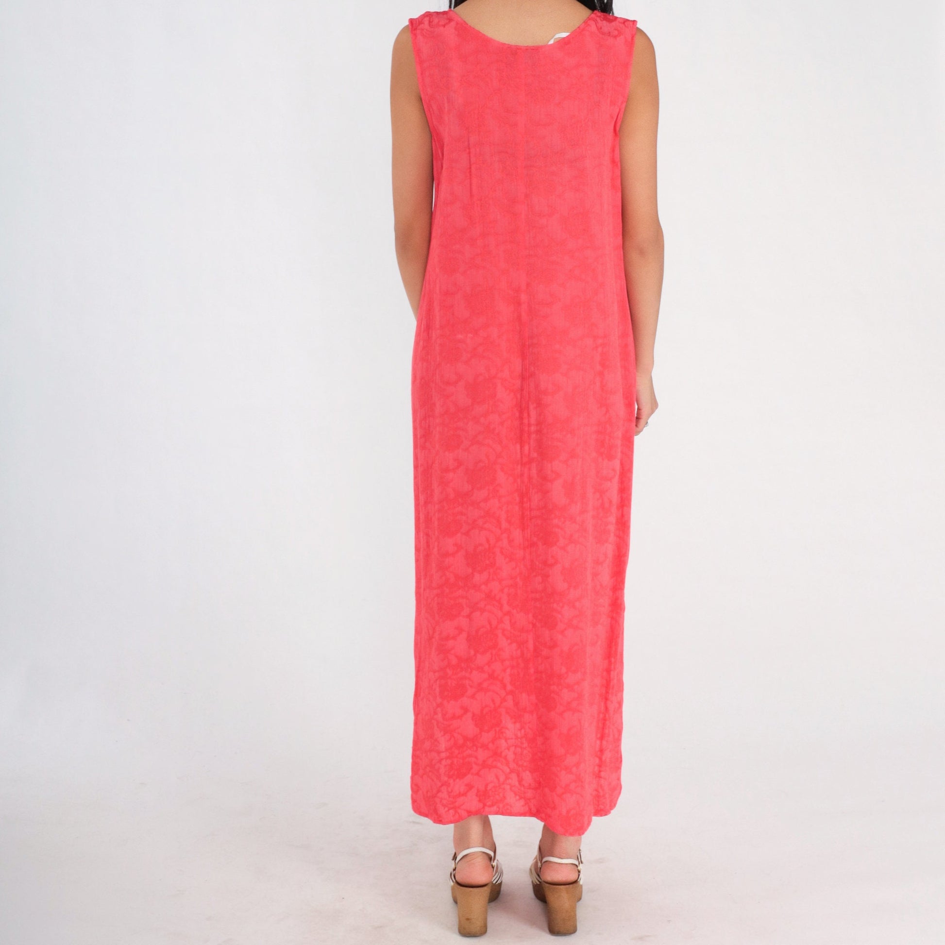 90s Pink Floral Embossed Maxi Dress Sleeveless Side Slit Shift Large 12