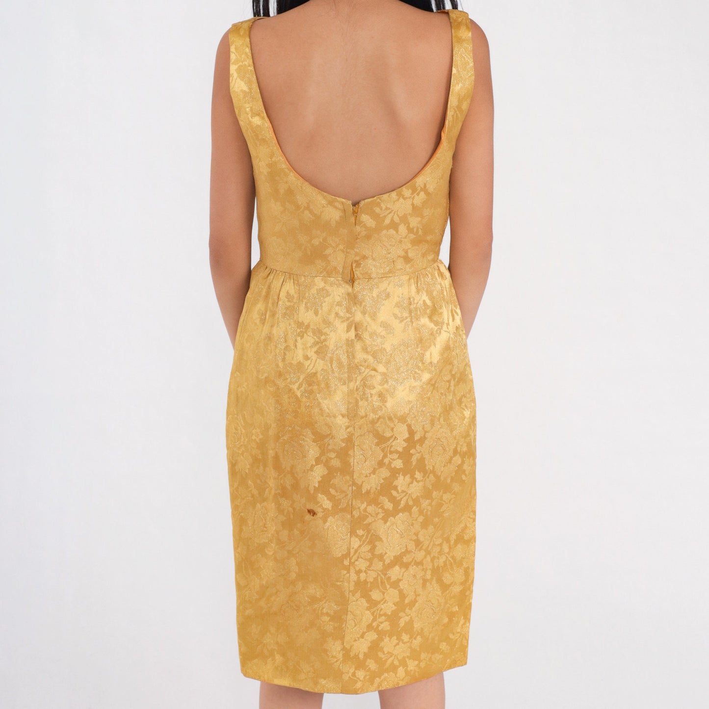 60s Gold Floral Brocade Mini Dress Sleeveless Low Back Bow High Waist Extra Small