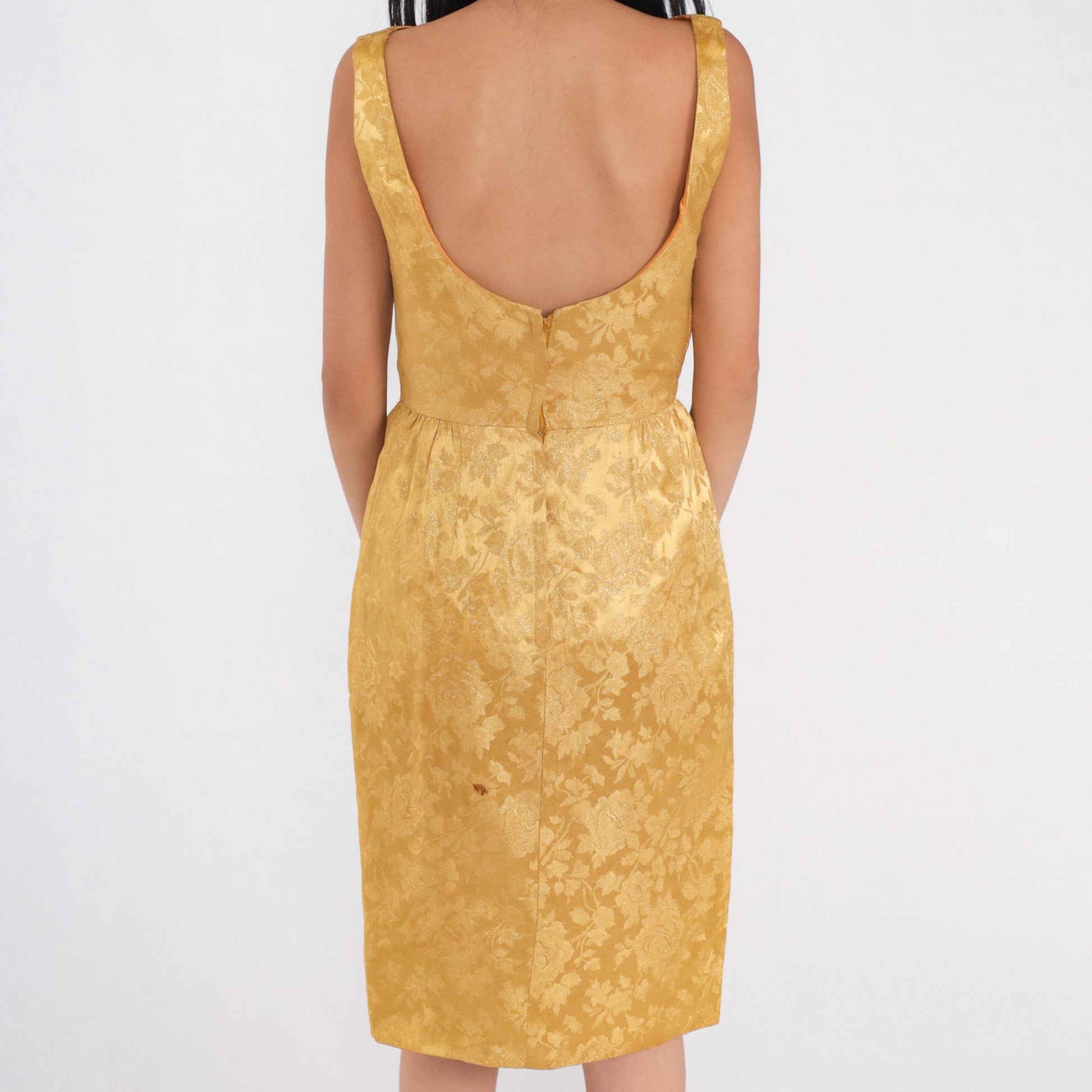 60s Gold Floral Brocade Mini Dress Sleeveless Low Back Bow High Waist Extra Small