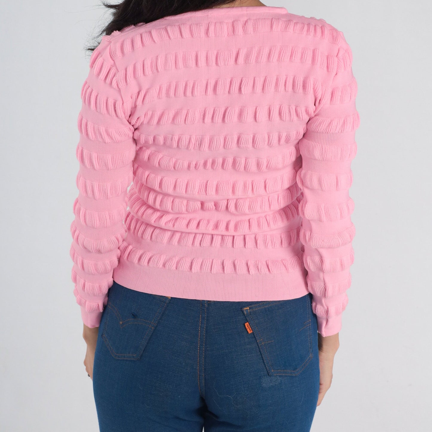 70s Bubblegum Pink Textured Knit Pullover Sweater Extra Small