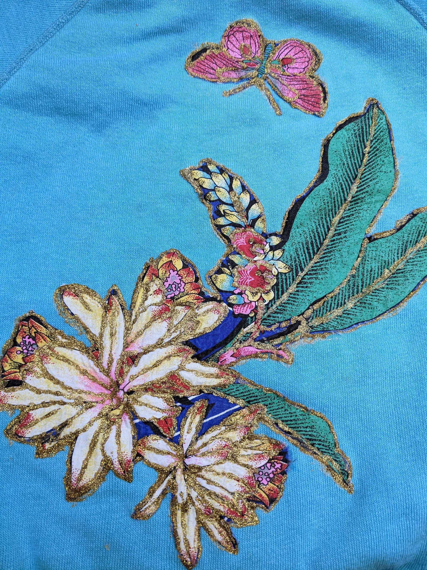 90s Glitter Floral Butterfly Sweatshirt Teal Blue Raglan Graphic XS