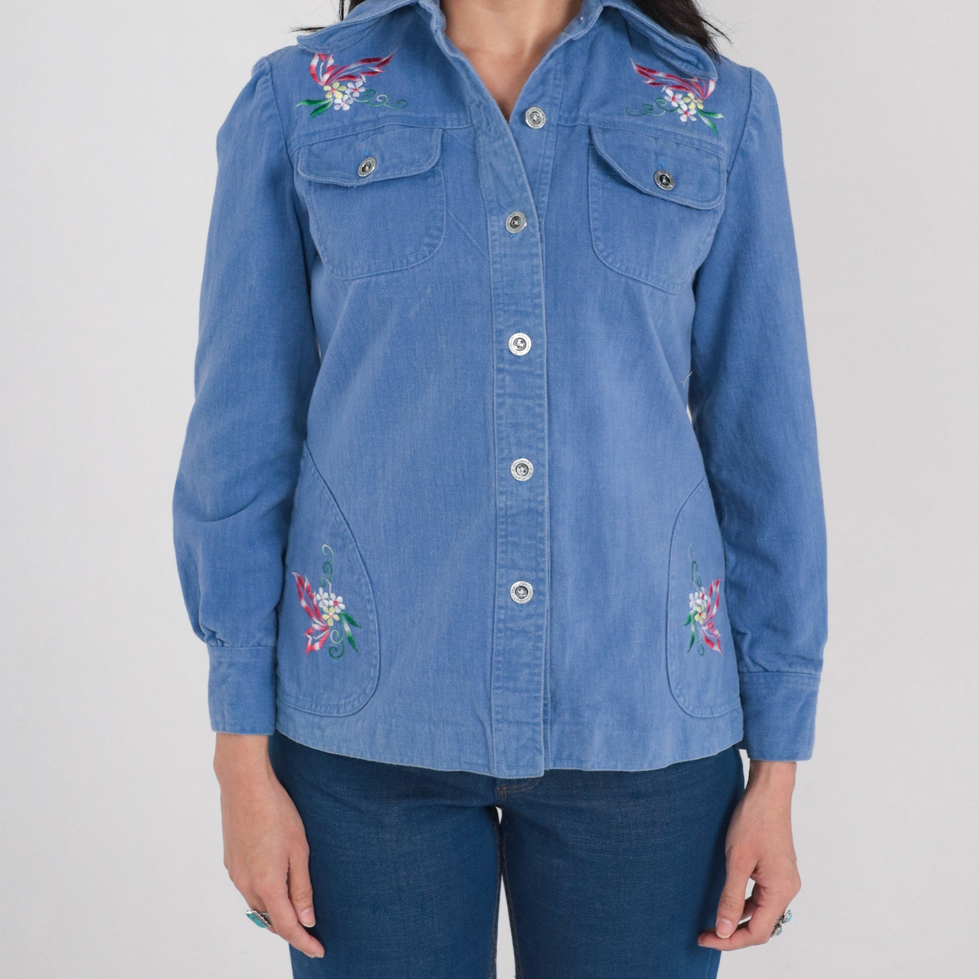 70s Floral Embroidered Denim Shirt Blue Cotton Button-Up Small
