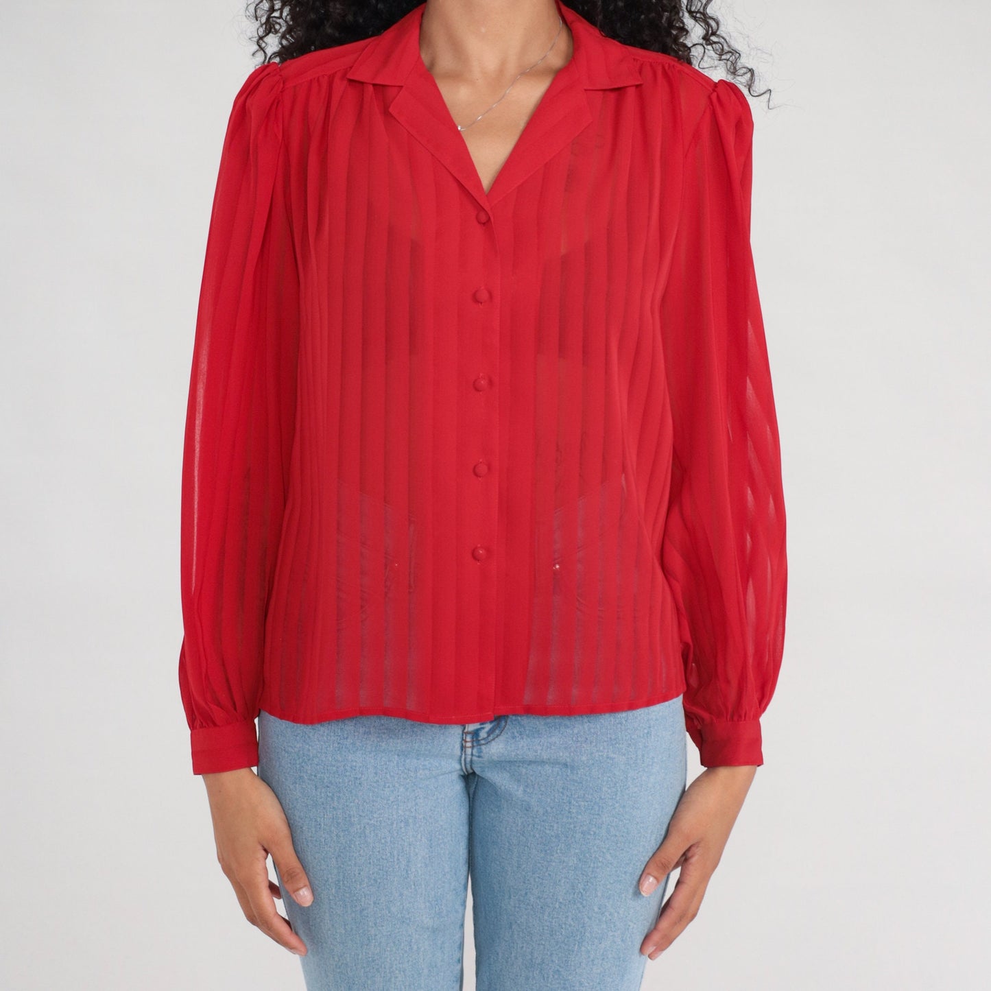 80s Red Striped Puff Sleeve Button-Up Blouse Semi-Sheer Long Sleeve Medium Large