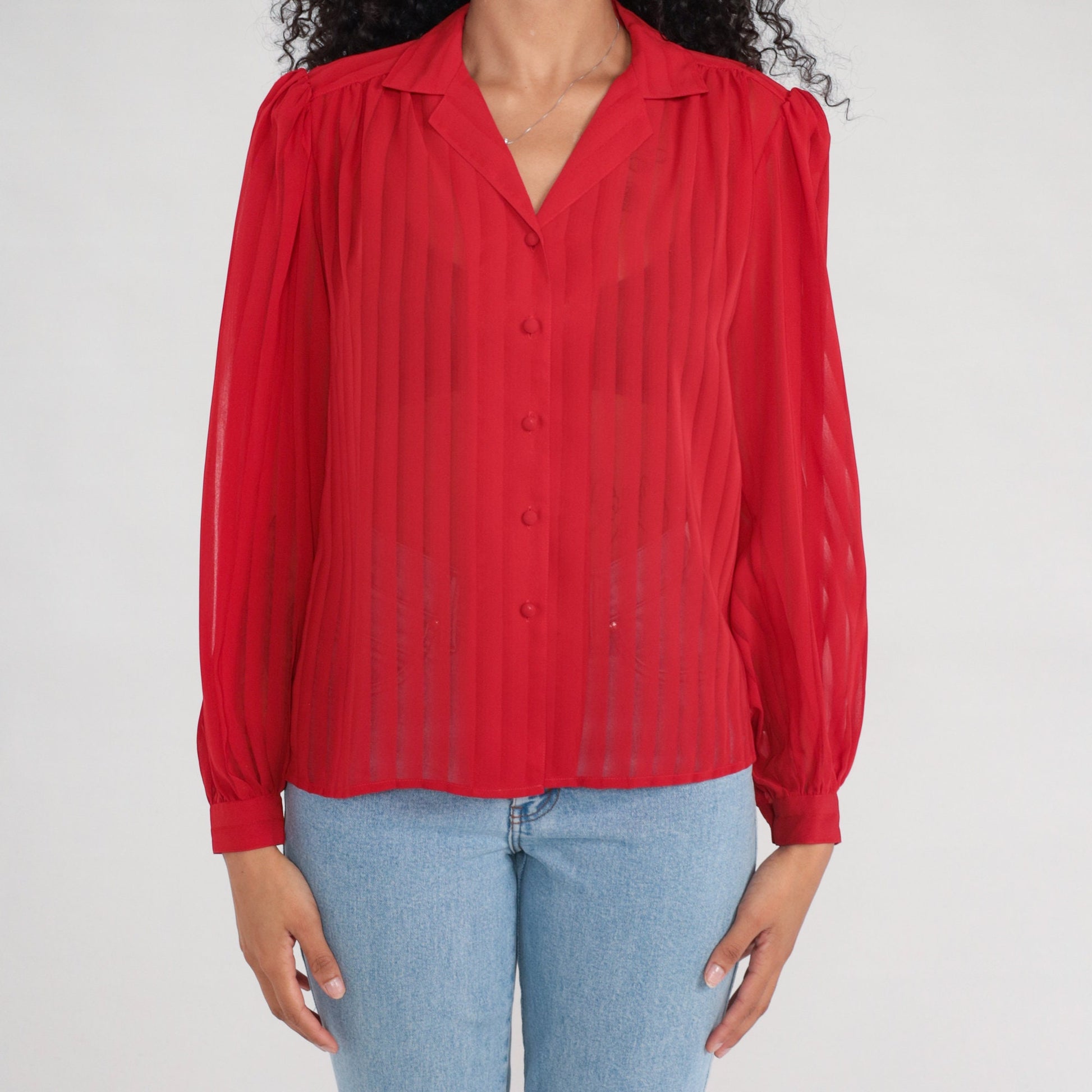 80s Red Striped Puff Sleeve Button-Up Blouse Semi-Sheer Long Sleeve Medium Large