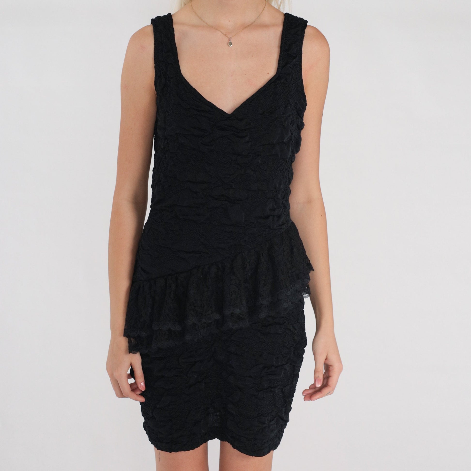 80s Black Peplum Mini Dress Asymmetrical Lace Sleeveless Small Medium