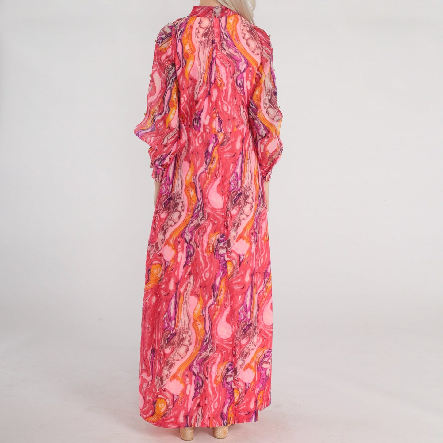 70s Psychedelic Marble Print Maxi Dress Pink Orange Purple Keyhole Tie Neck Small