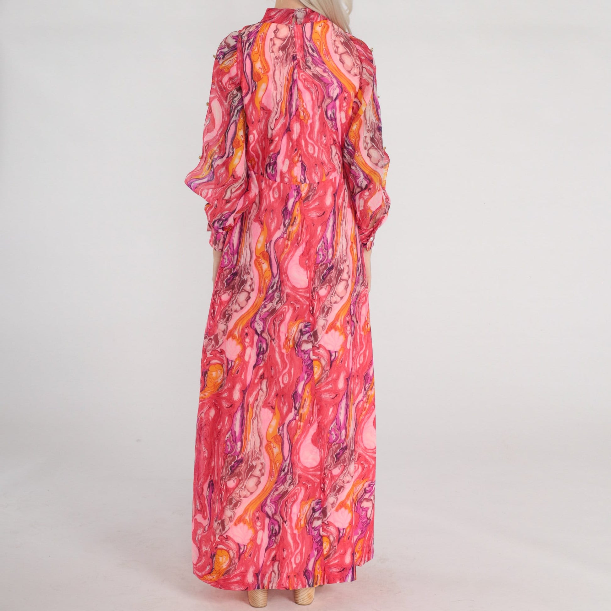 70s Psychedelic Marble Print Maxi Dress Pink Orange Purple Keyhole Tie Neck Small
