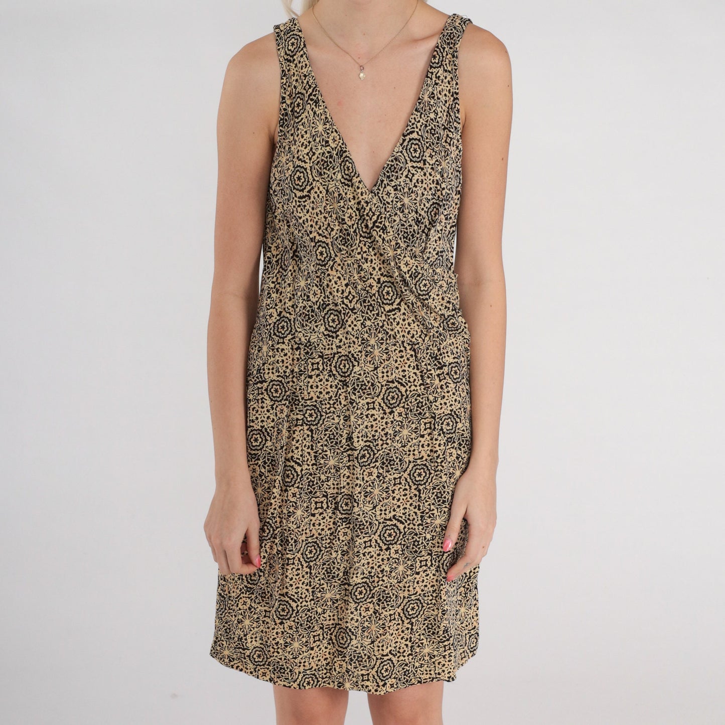 90s Abstract Geometric Print V-Neck Wrap Minidress Beige Black Sleeveless Medium M