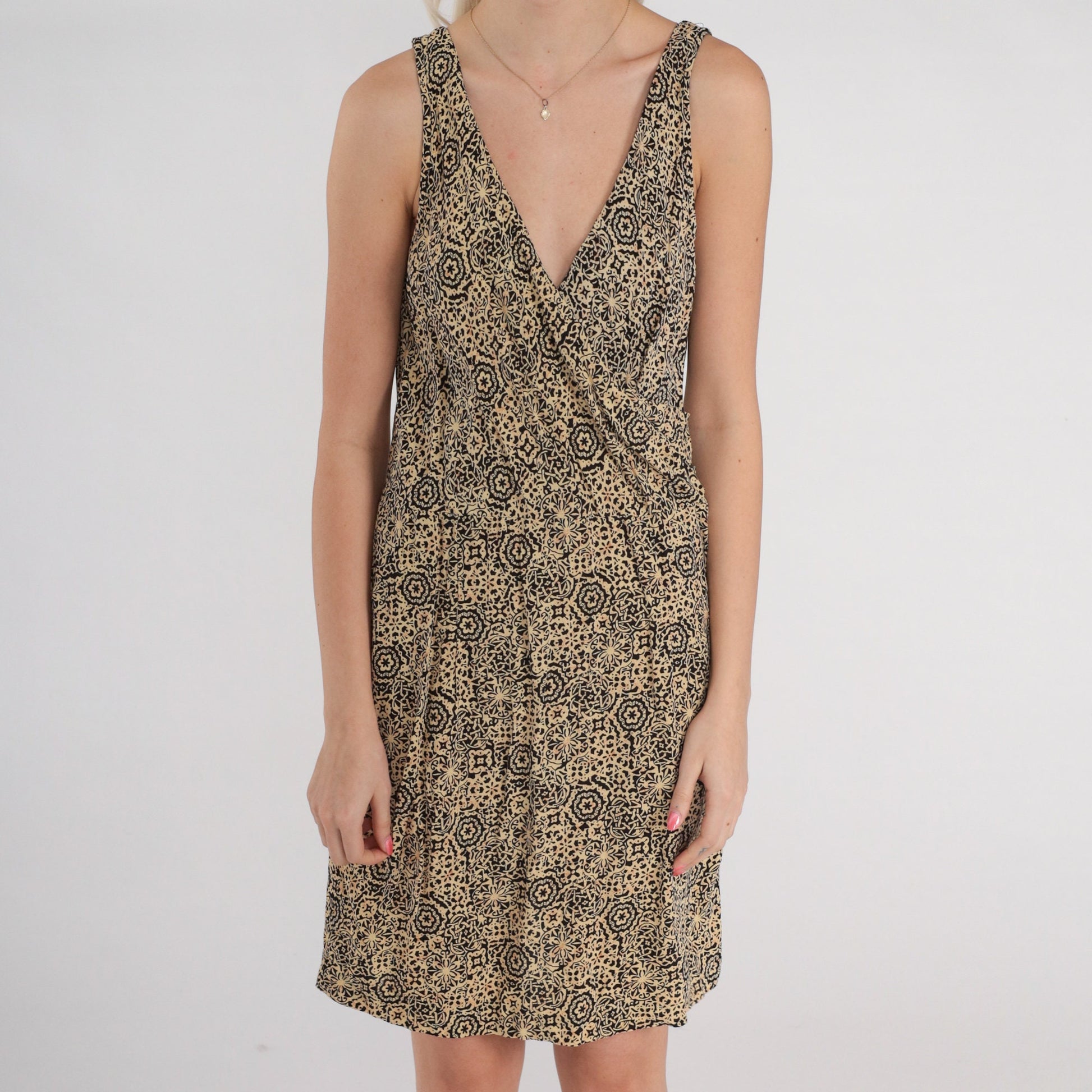 90s Abstract Geometric Print V-Neck Wrap Minidress Beige Black Sleeveless Medium M