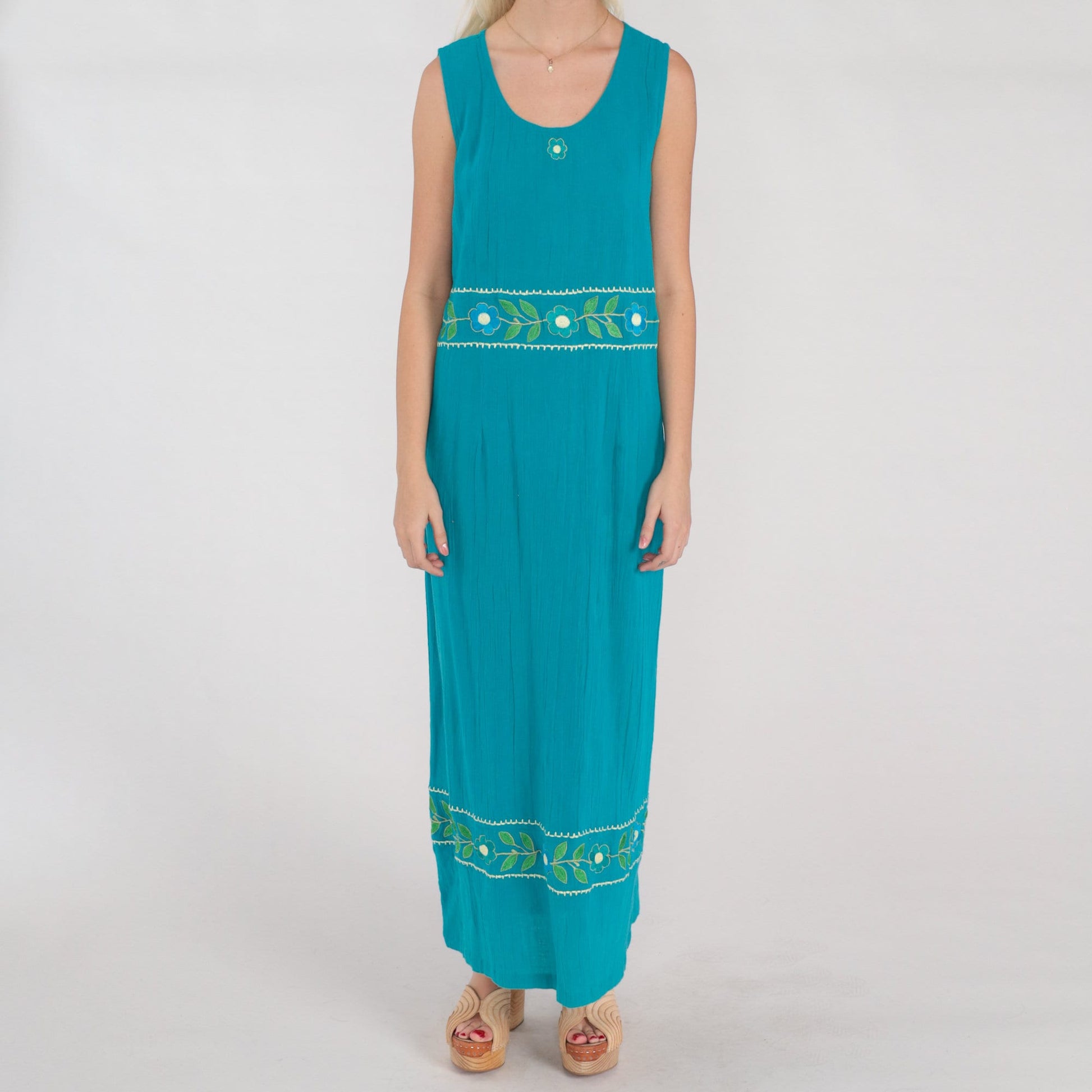 Y2K Turquoise Floral Embroidered Cotton Maxi Dress Sleeveless Large L