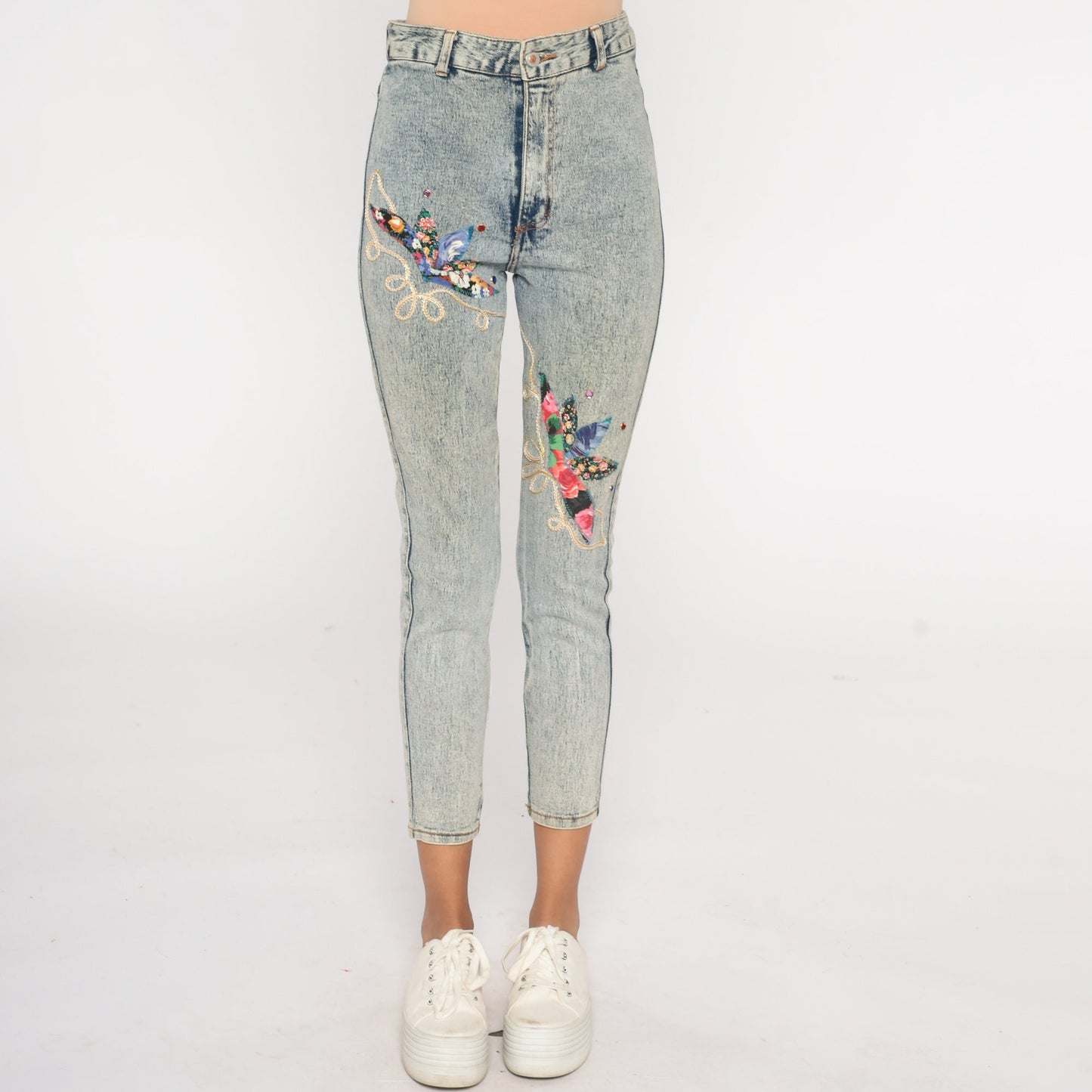 80s Acid Wash Beaded High-Waist Skinny Jeans Blue Denim Small