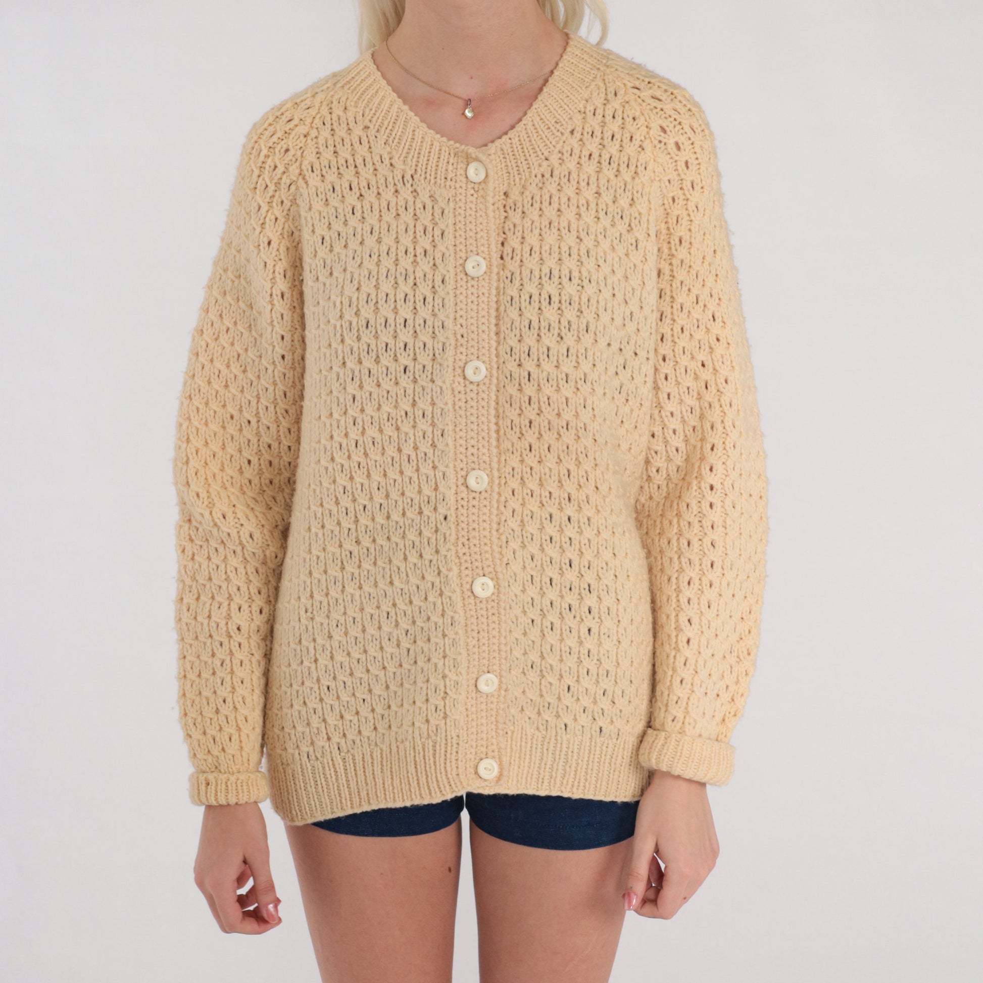 60s Cream Open Weave Cardigan Chunky Knit Button-Up Sweater Medium M