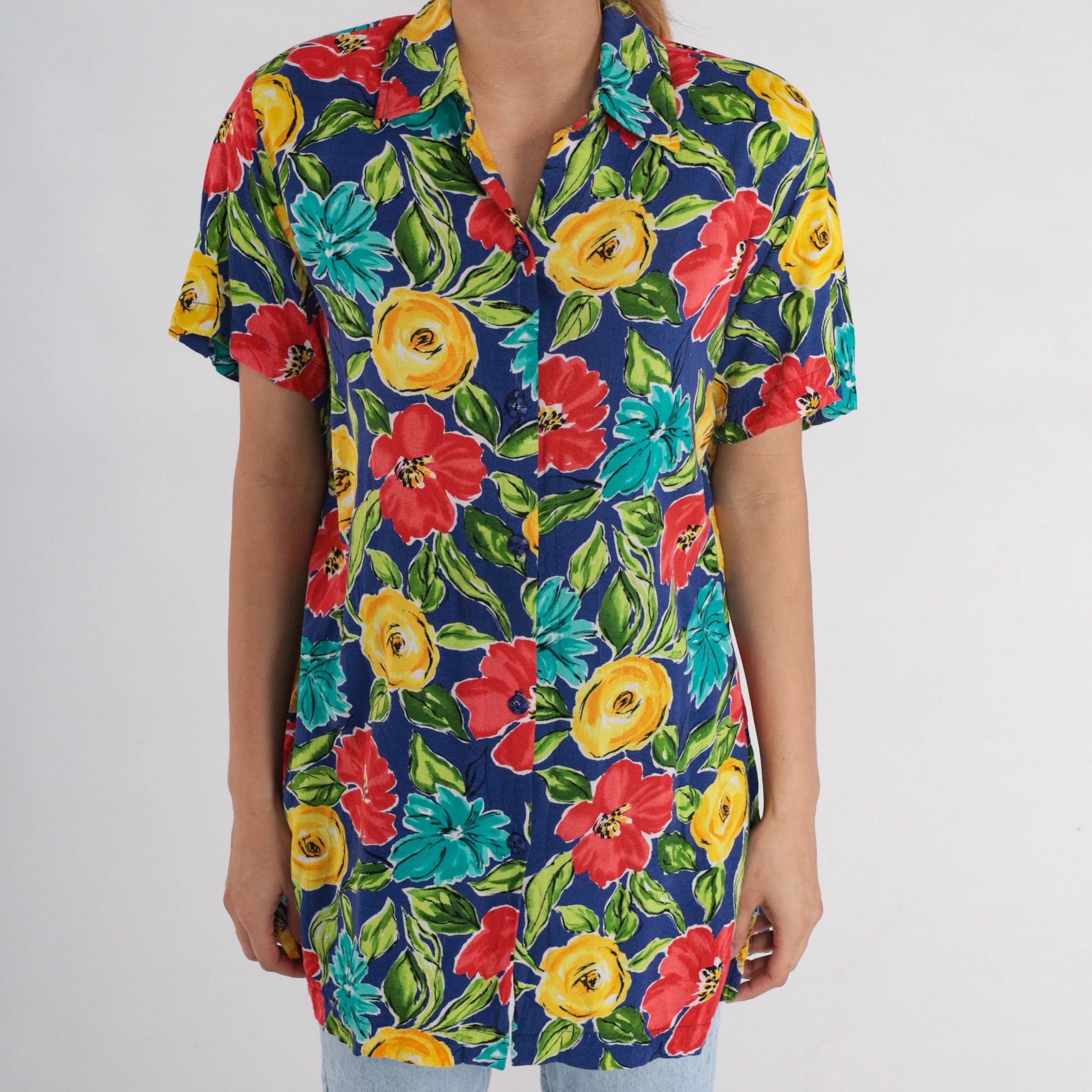 90s Floral Rayon Button-Up Blouse Short Sleeve Red Yellow Blue Small S
