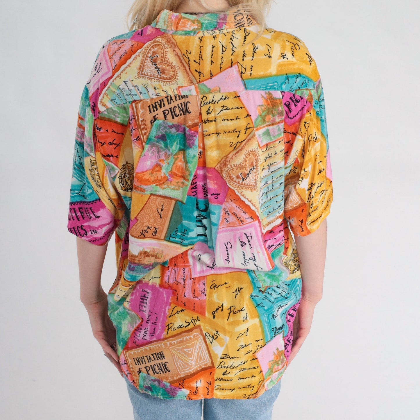 90s Postcard Travel Print Button-Up Blouse Tropical Shirt Multicolor Large L