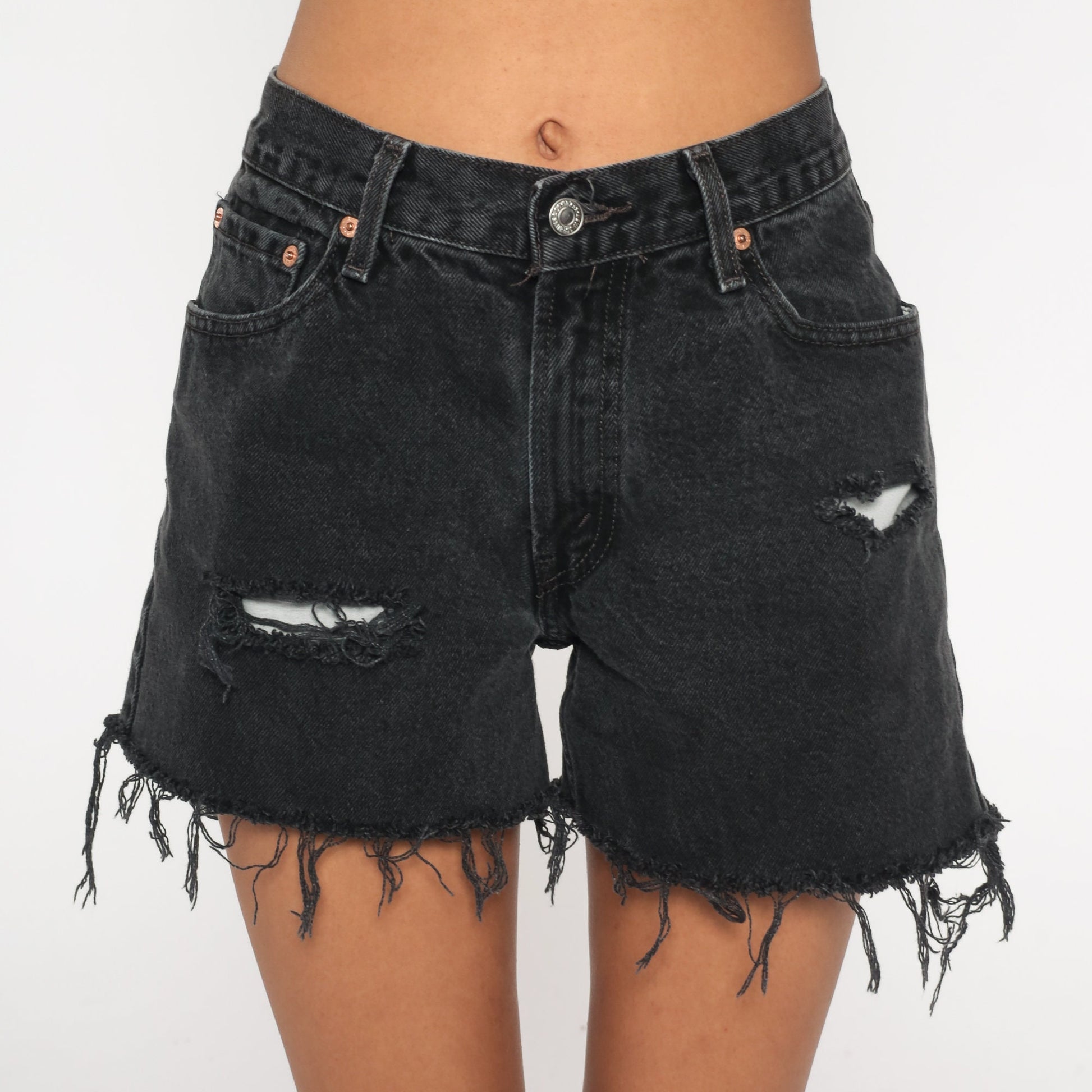 Y2K Levi's 550 Black Denim Cutoff Shorts Ripped Frayed Small